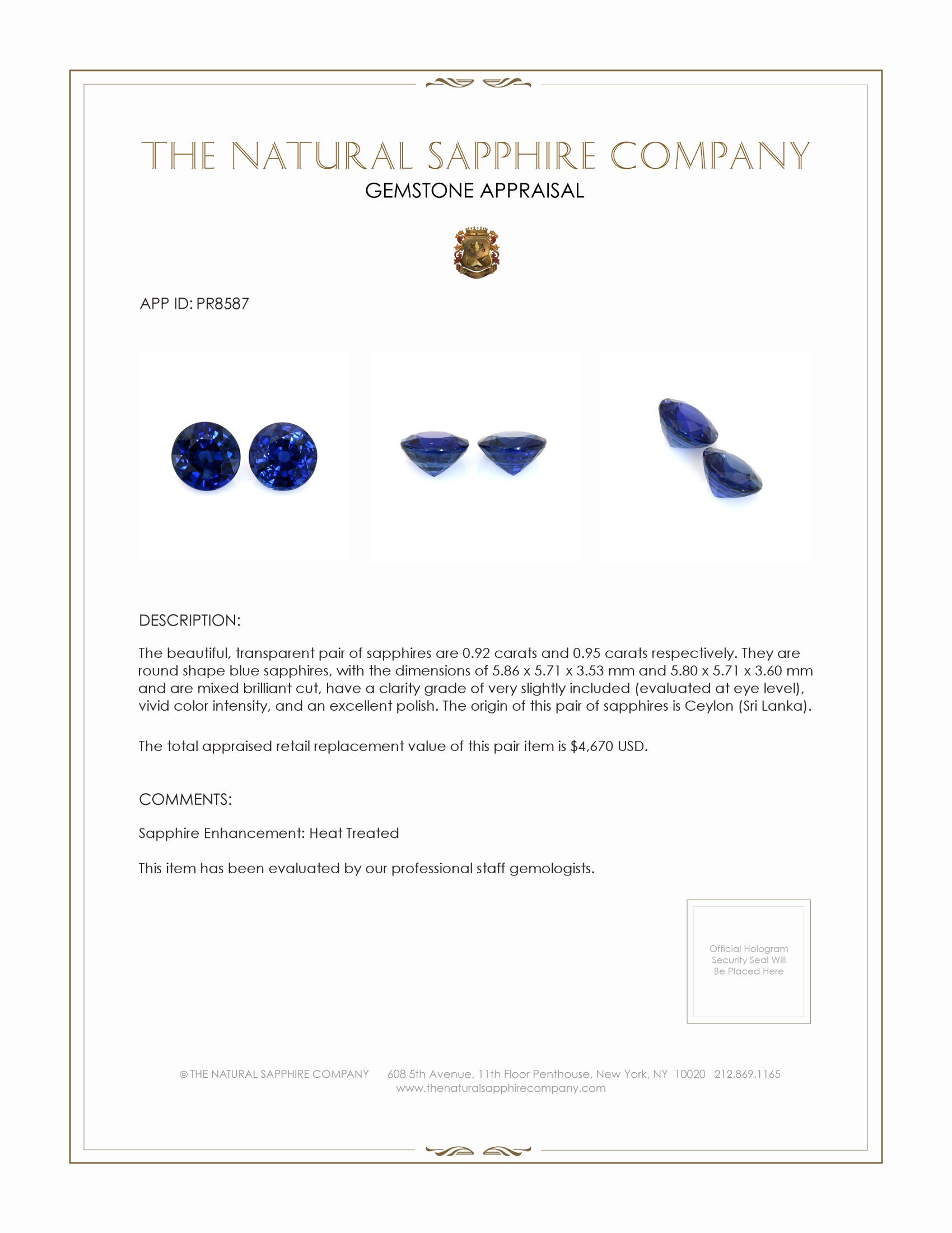 1.87 Ct.Tw. Blue Sapphire Pair from Ceylon (Sri Lanka)