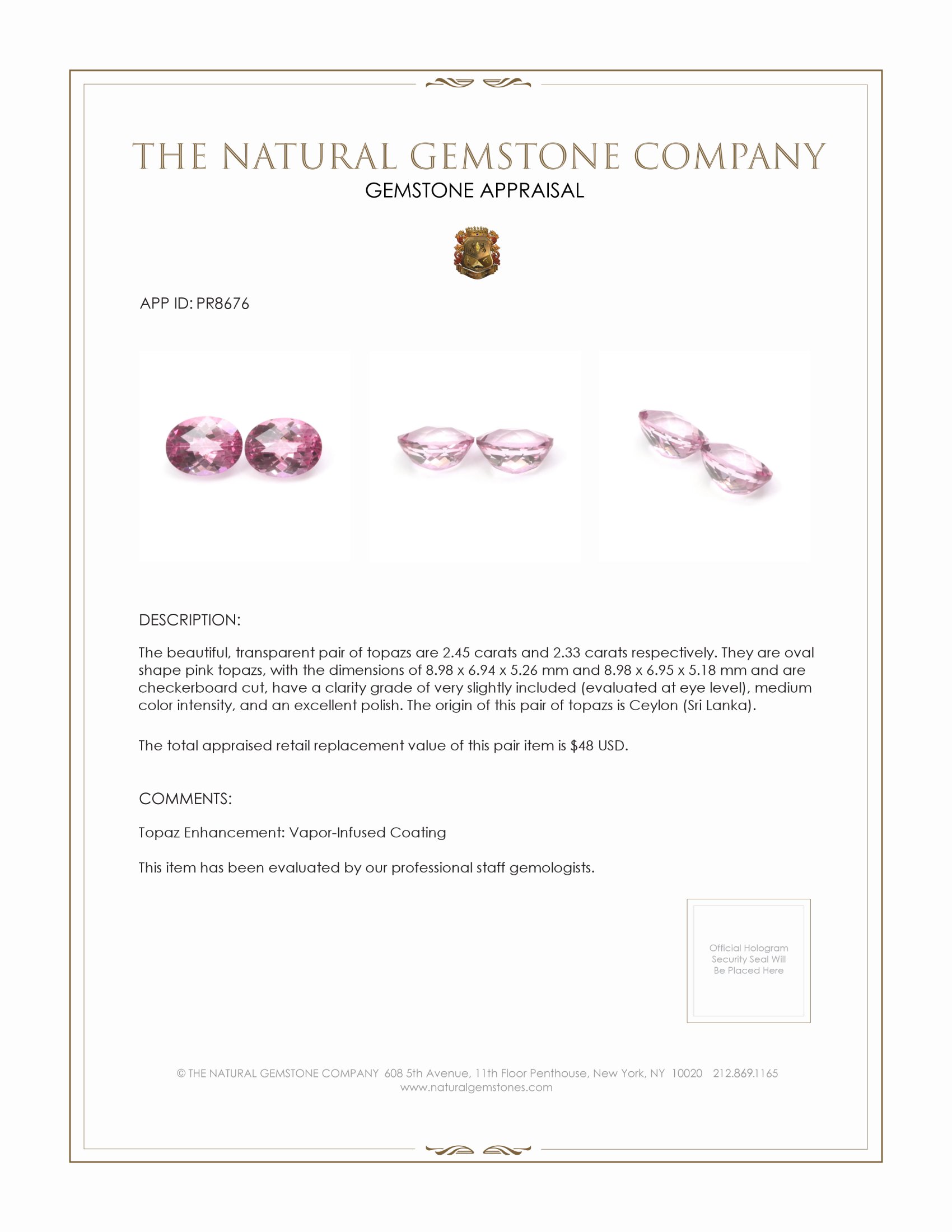4.78 Ct.Tw. Pink Topaz Pair from Ceylon (Sri Lanka)