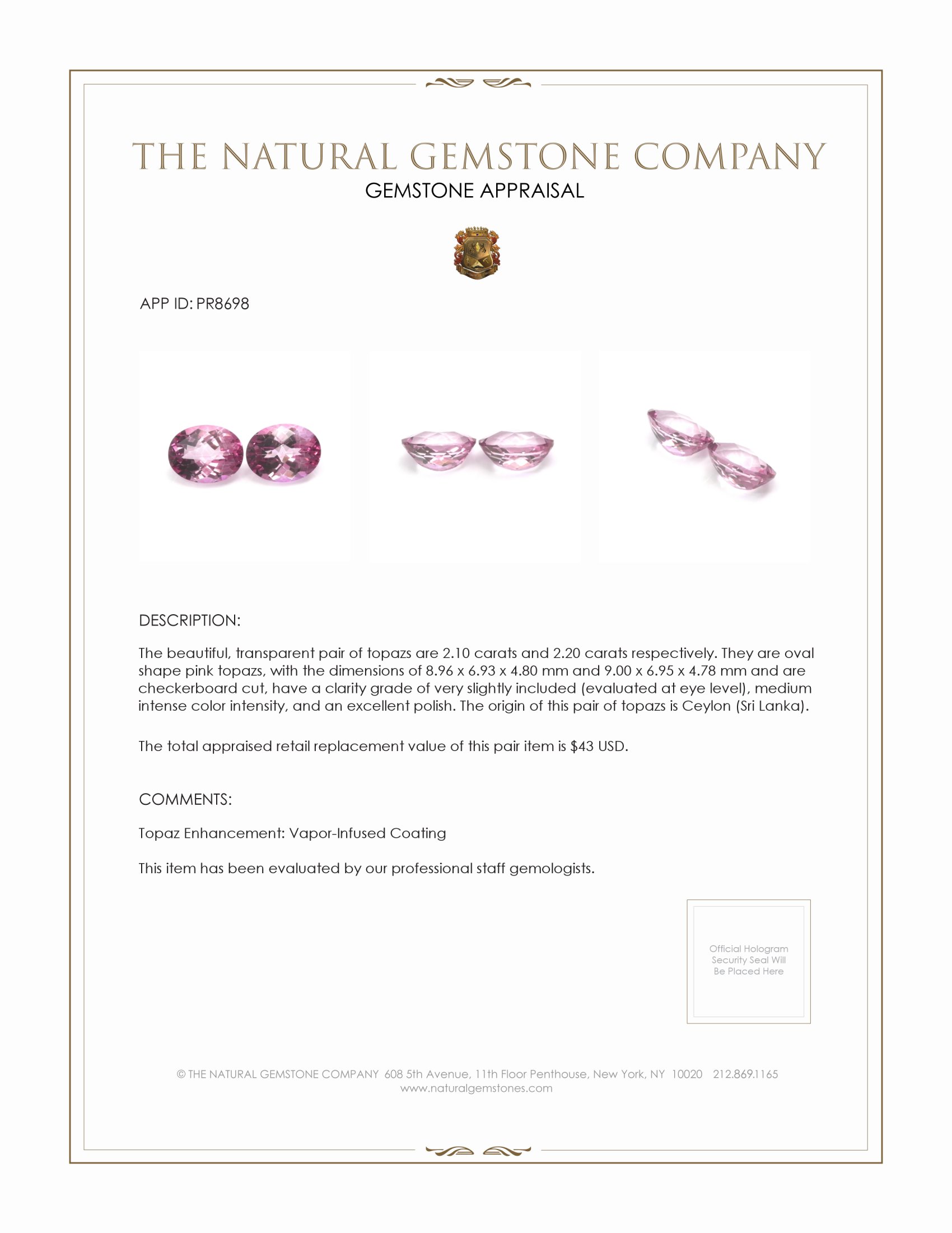 4.30 Ct.Tw. Pink Topaz Pair from Ceylon (Sri Lanka)