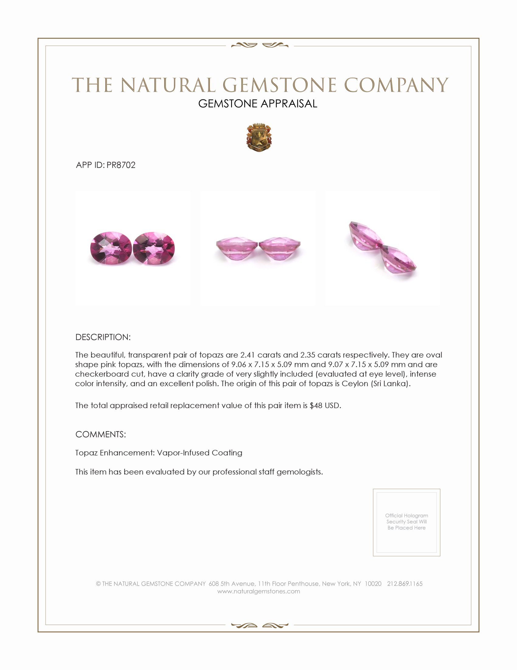 4.76 Ct.Tw. Pink Topaz Pair from Ceylon (Sri Lanka)