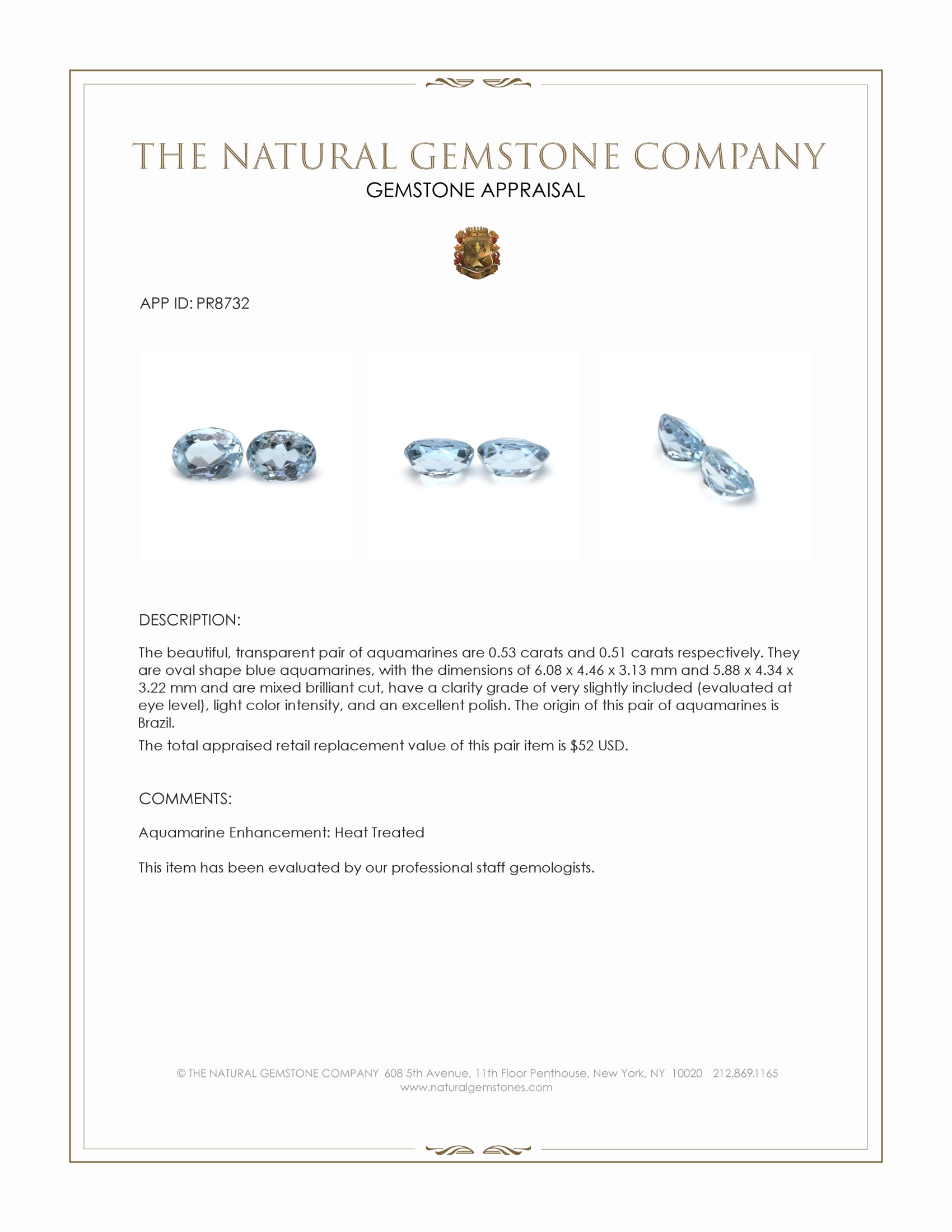 1.04 Ct.Tw. Blue Aquamarine Pair from Brazil