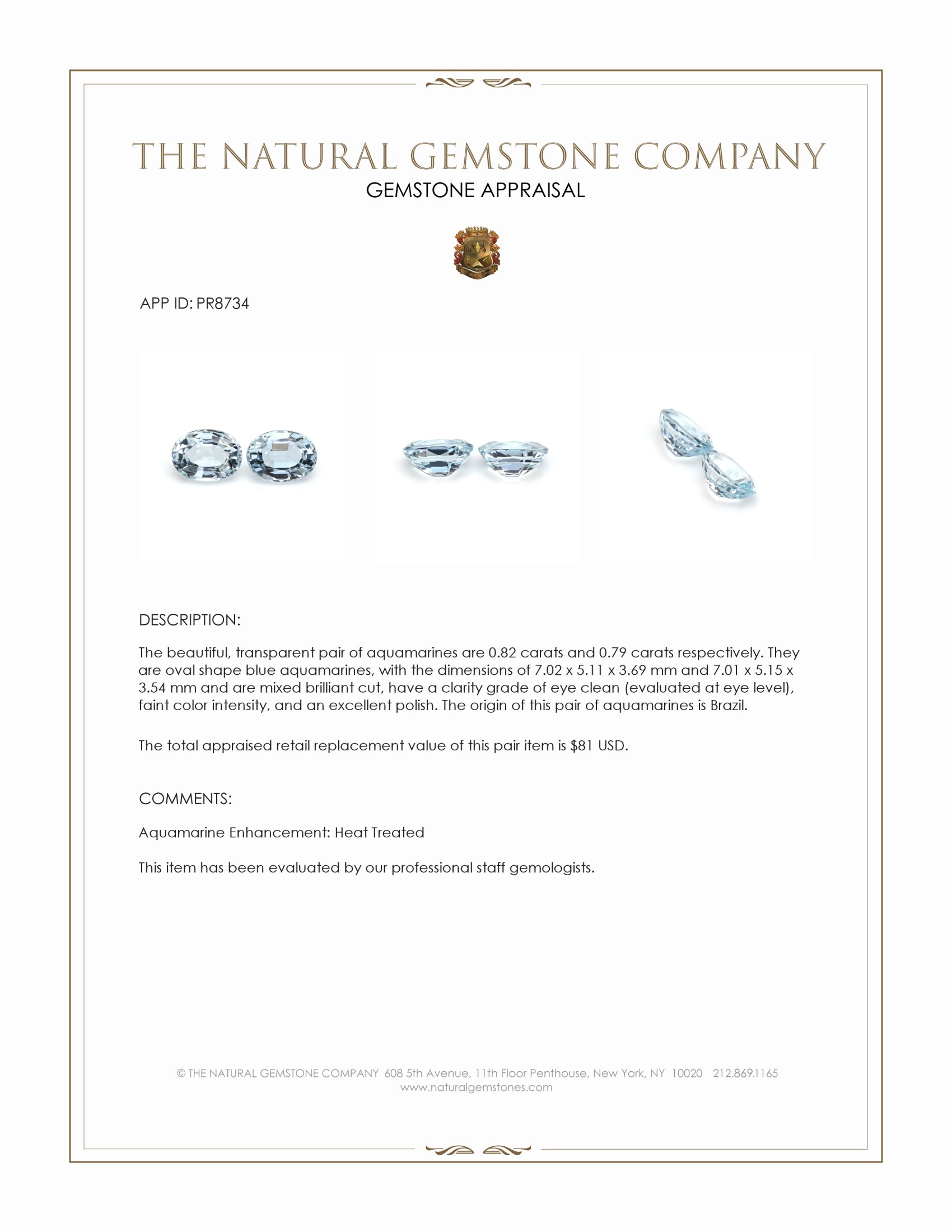 1.61 Ct.Tw. Blue Aquamarine Pair from Brazil
