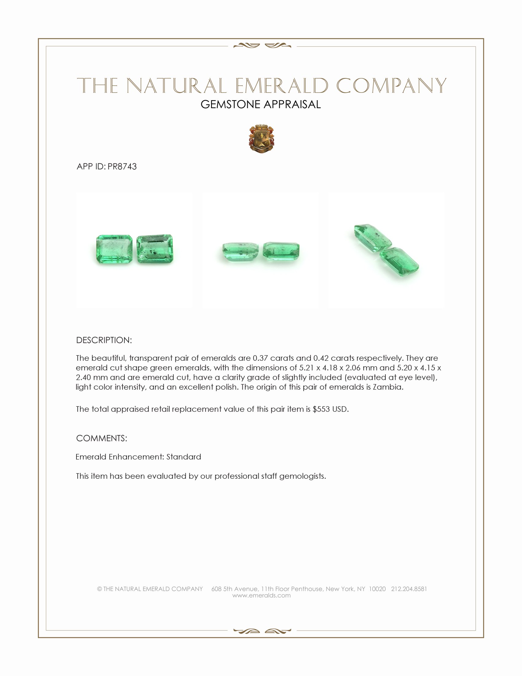 0.79 Ct.Tw. Emerald Pair from Zambia