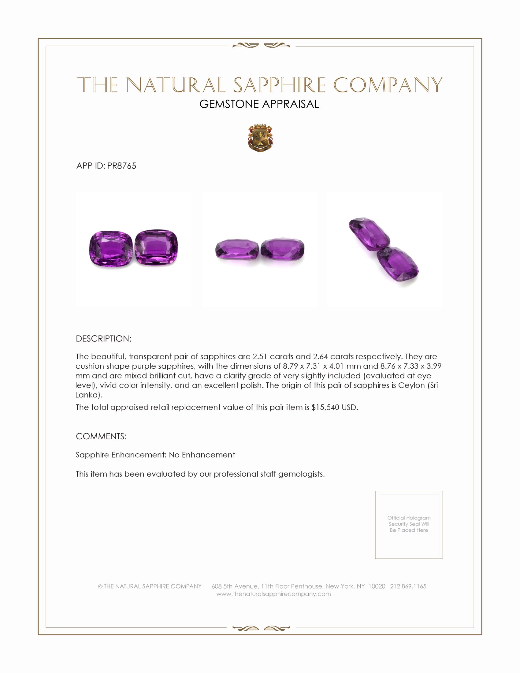 5.15 Ct.Tw. Purple Sapphire Pair from Ceylon (Sri Lanka)