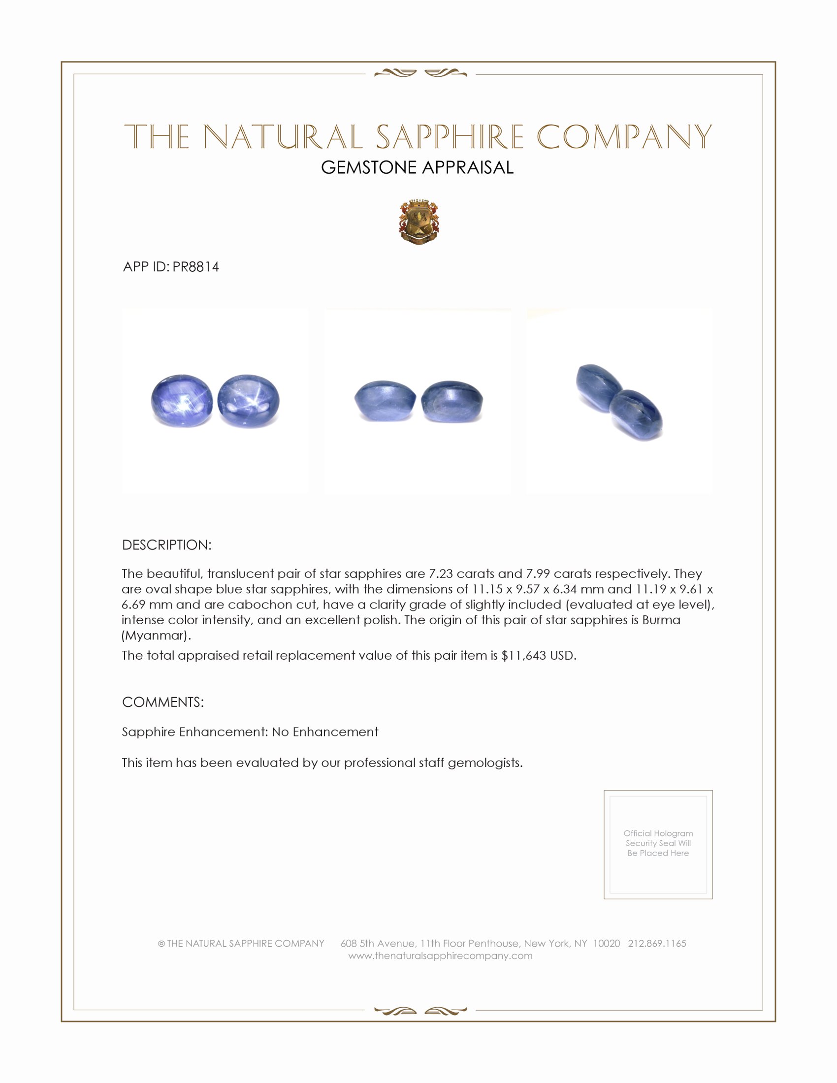 15.22 Ct.Tw. Blue Star Sapphire Pair from Burma (Myanmar)