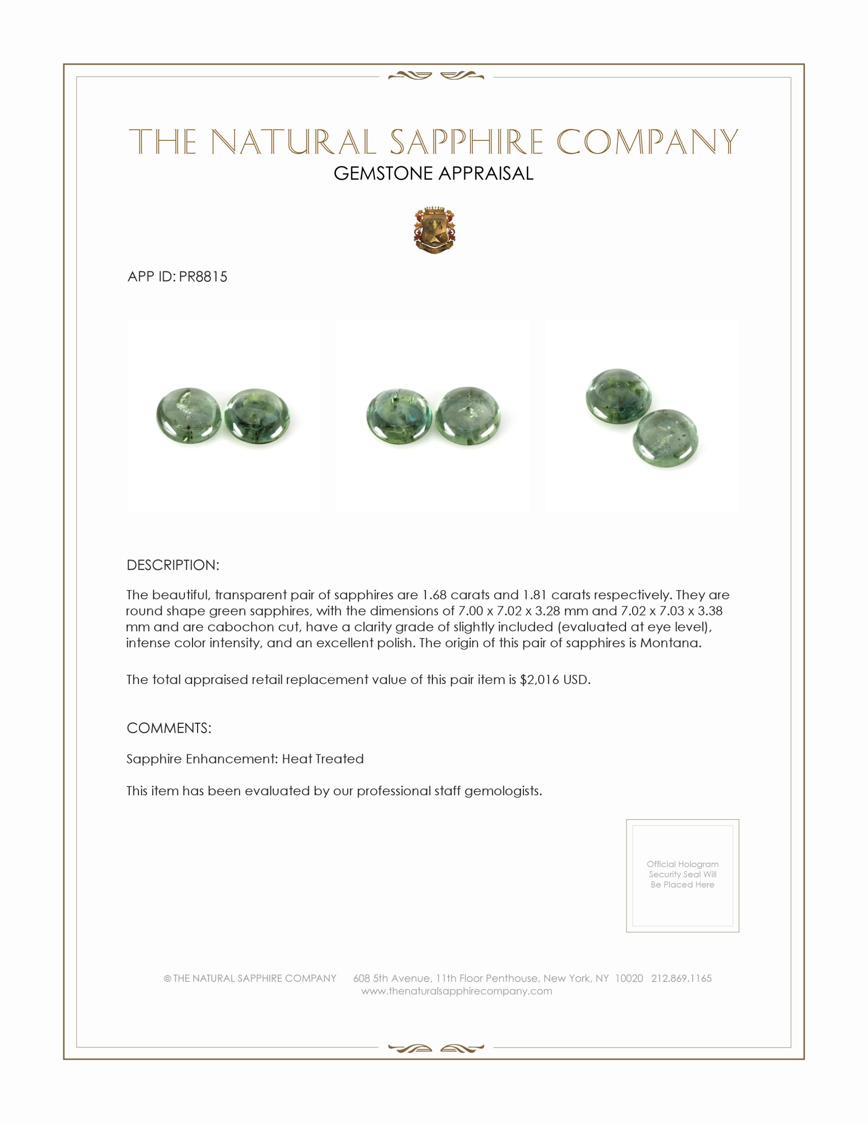 3.49 Ct.Tw. Green Cabochon Sapphire Pair from Montana