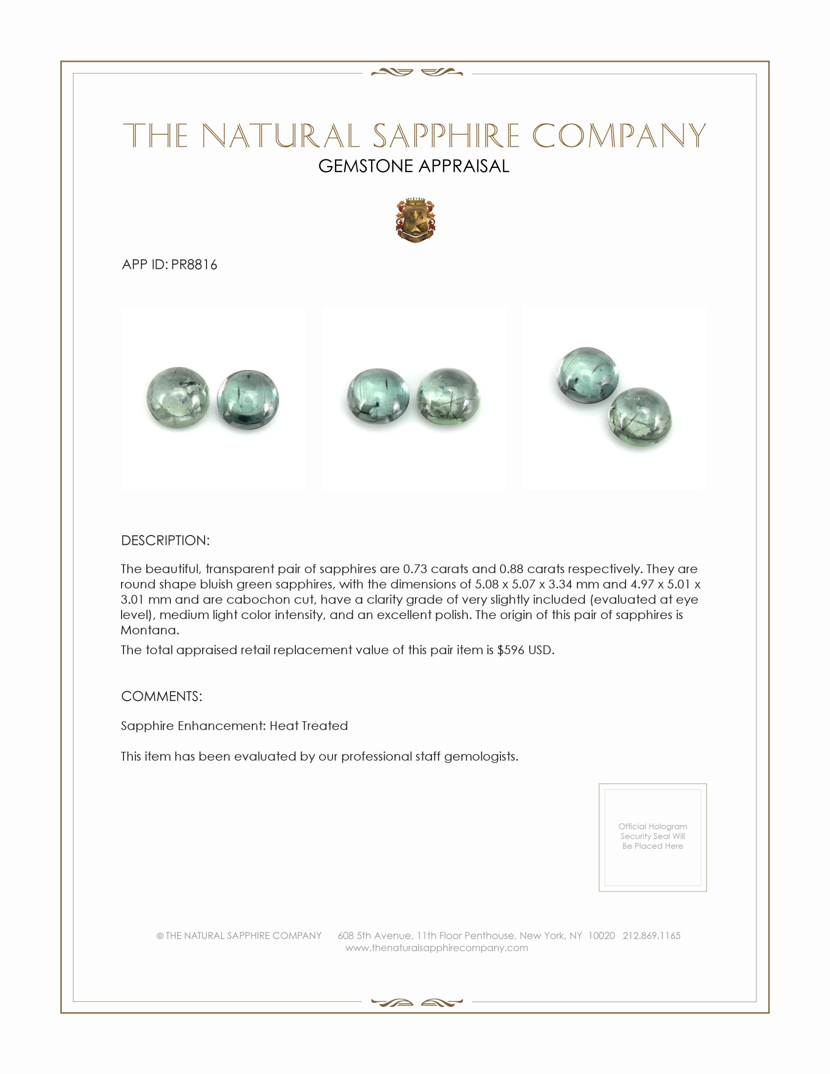 1.61 Ct.Tw. Bluish Green Cabochon Sapphire Pair from Montana