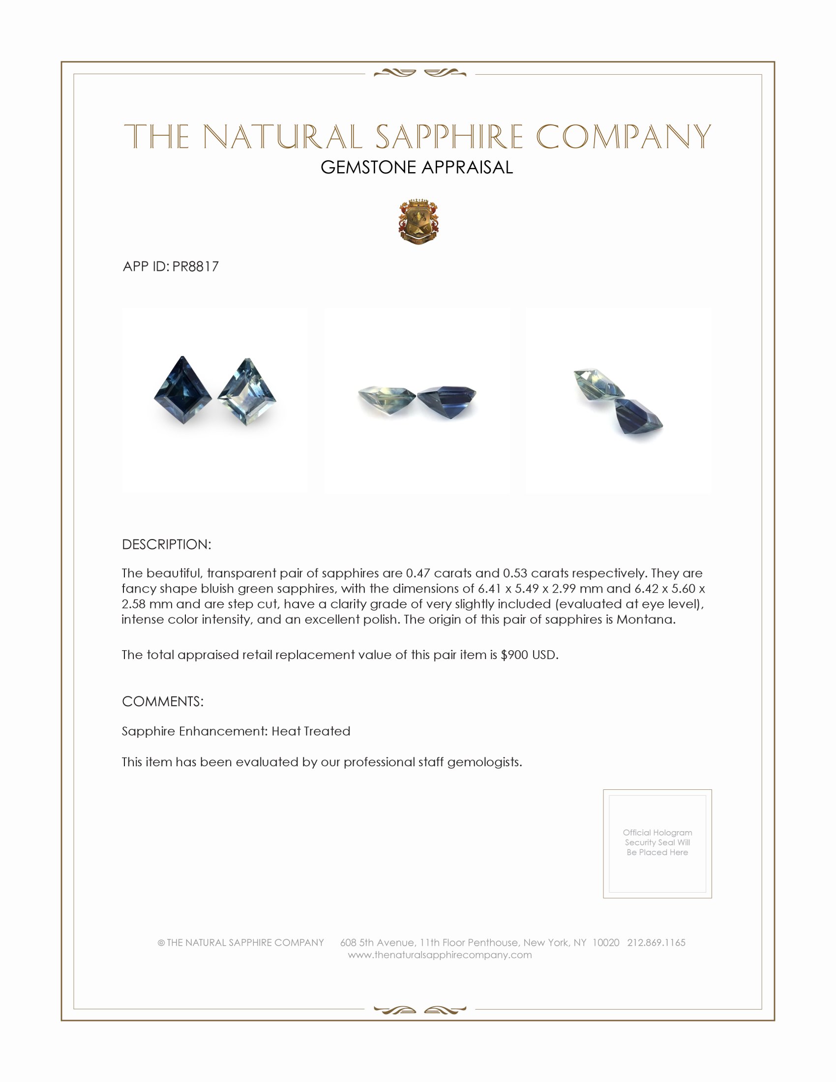 1.00 Ct.Tw. Bluish Green Sapphire Pair from Montana