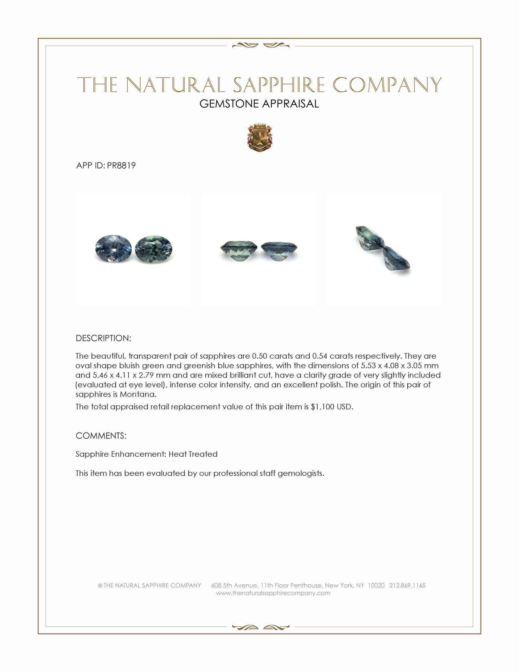 1.04 Ct.Tw. Bluish Green Sapphire Pair from Montana