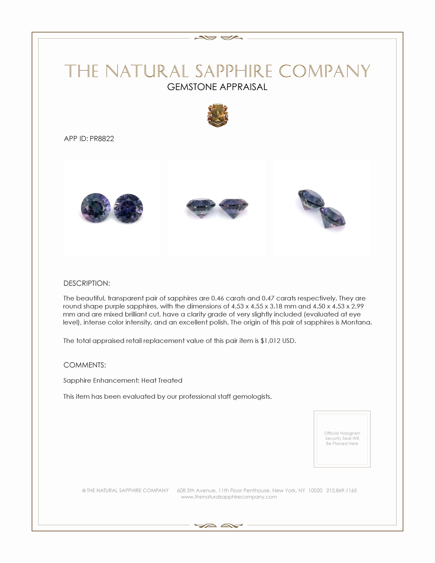 0.93 Ct.Tw. Purple Sapphire Pair from Montana