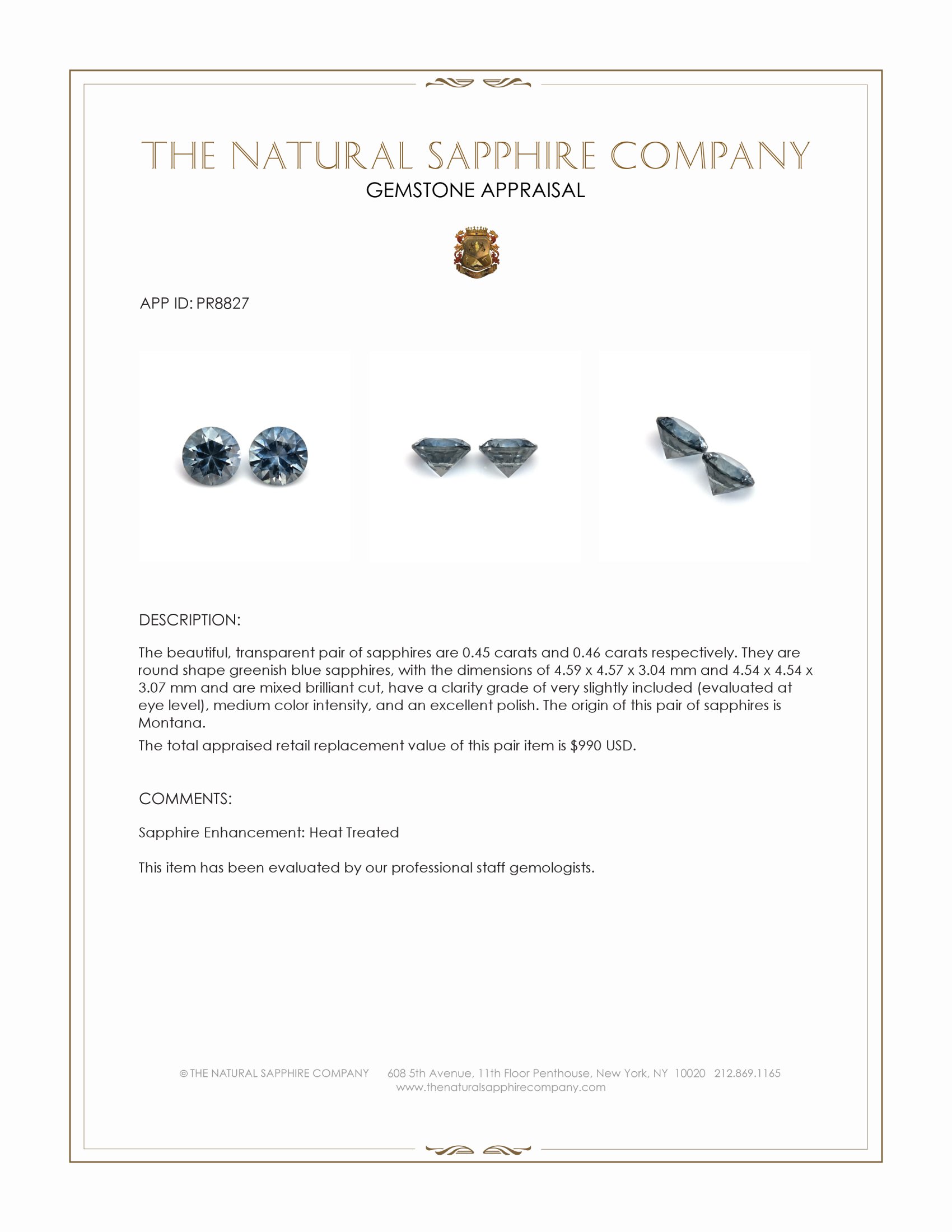 0.91 Ct.Tw. Greenish Blue Sapphire Pair from Montana