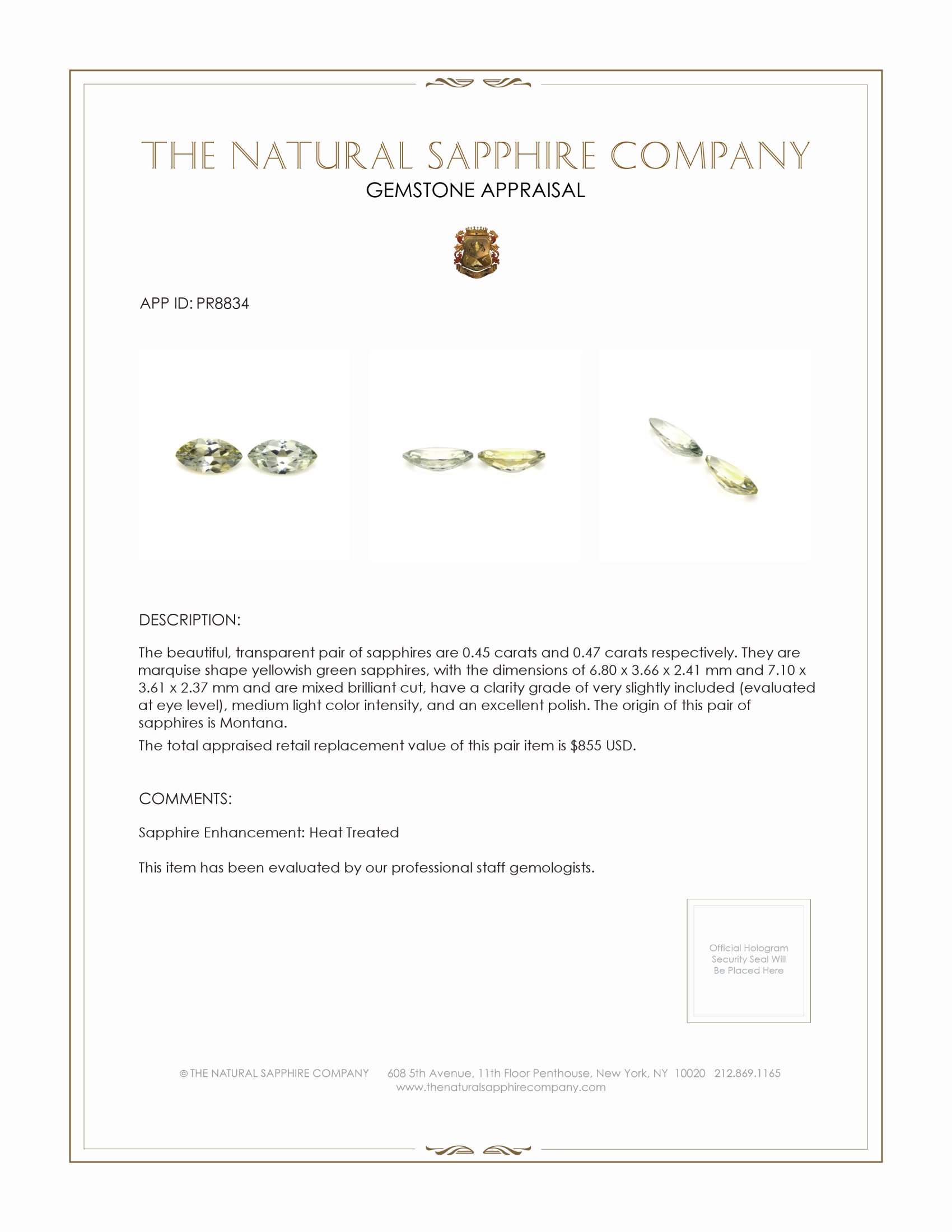 0.92 Ct.Tw. Yellowish Green Sapphire Pair from Montana