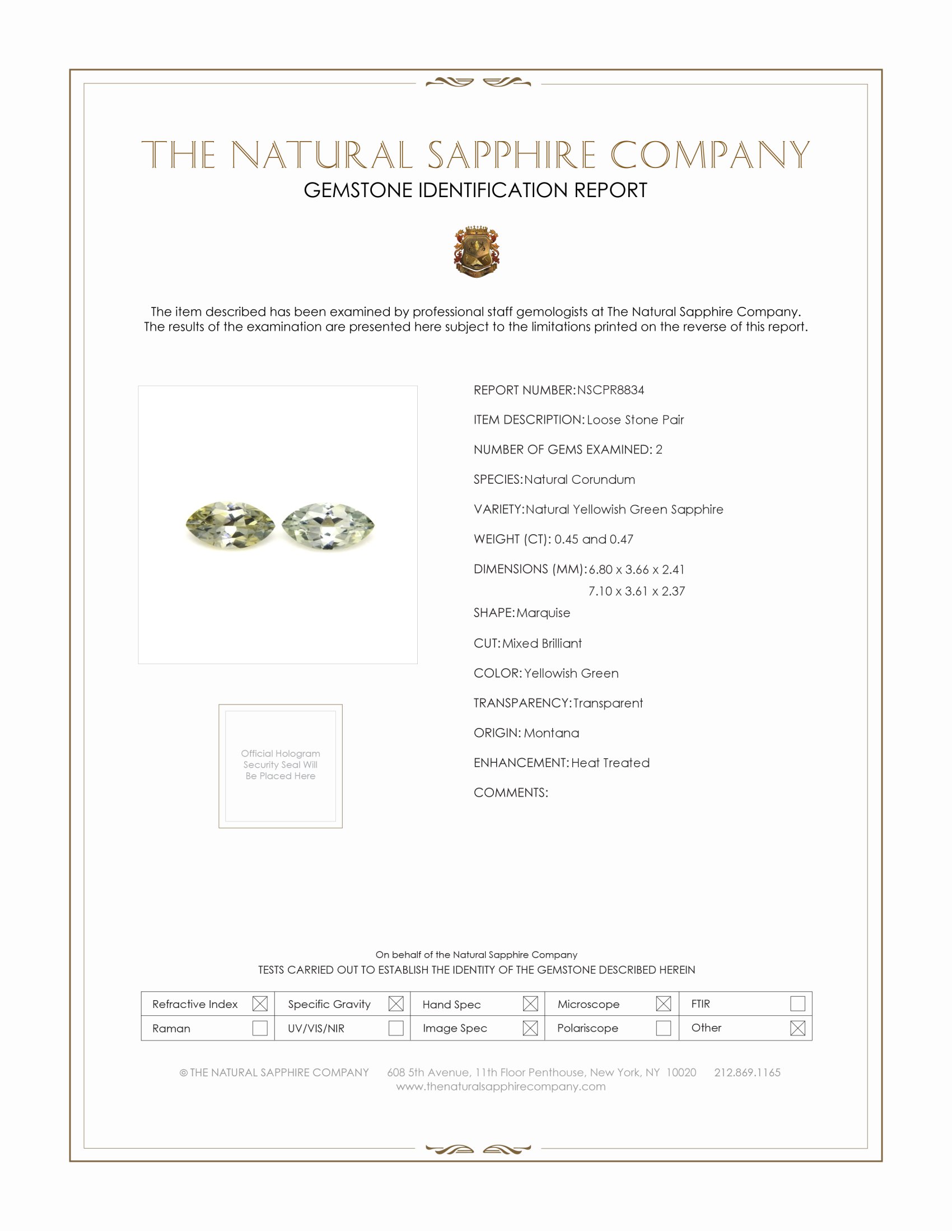 0.92 Ct.Tw. Yellowish Green Sapphire Pair from Montana
