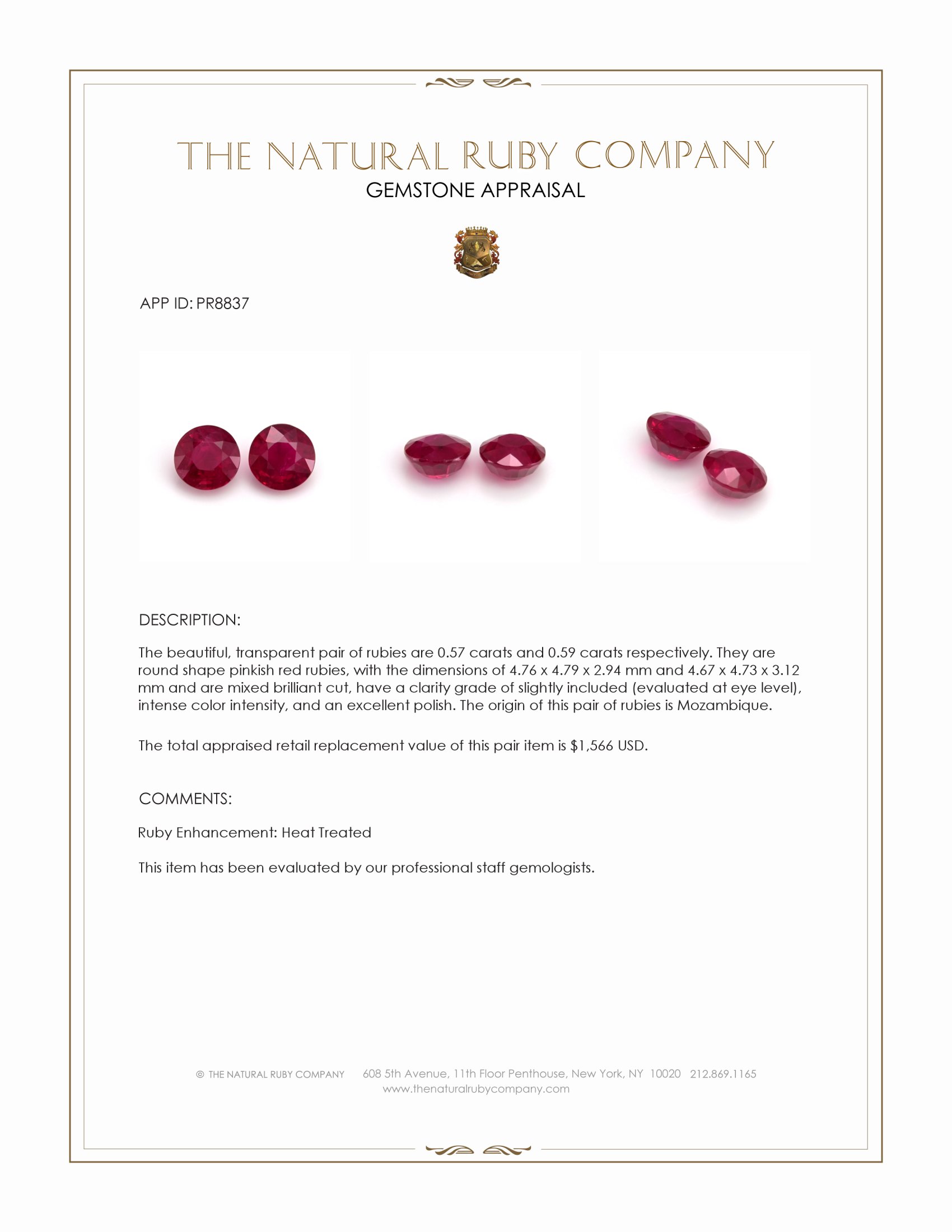1.16 Ct.Tw. Pinkish Red Ruby Pair from Mozambique