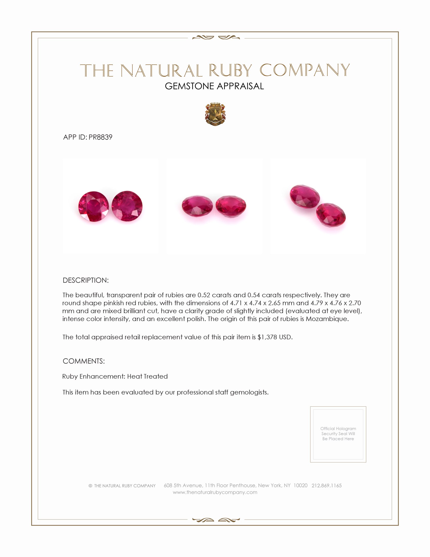 1.06 Ct.Tw. Pinkish Red Ruby Pair from Mozambique