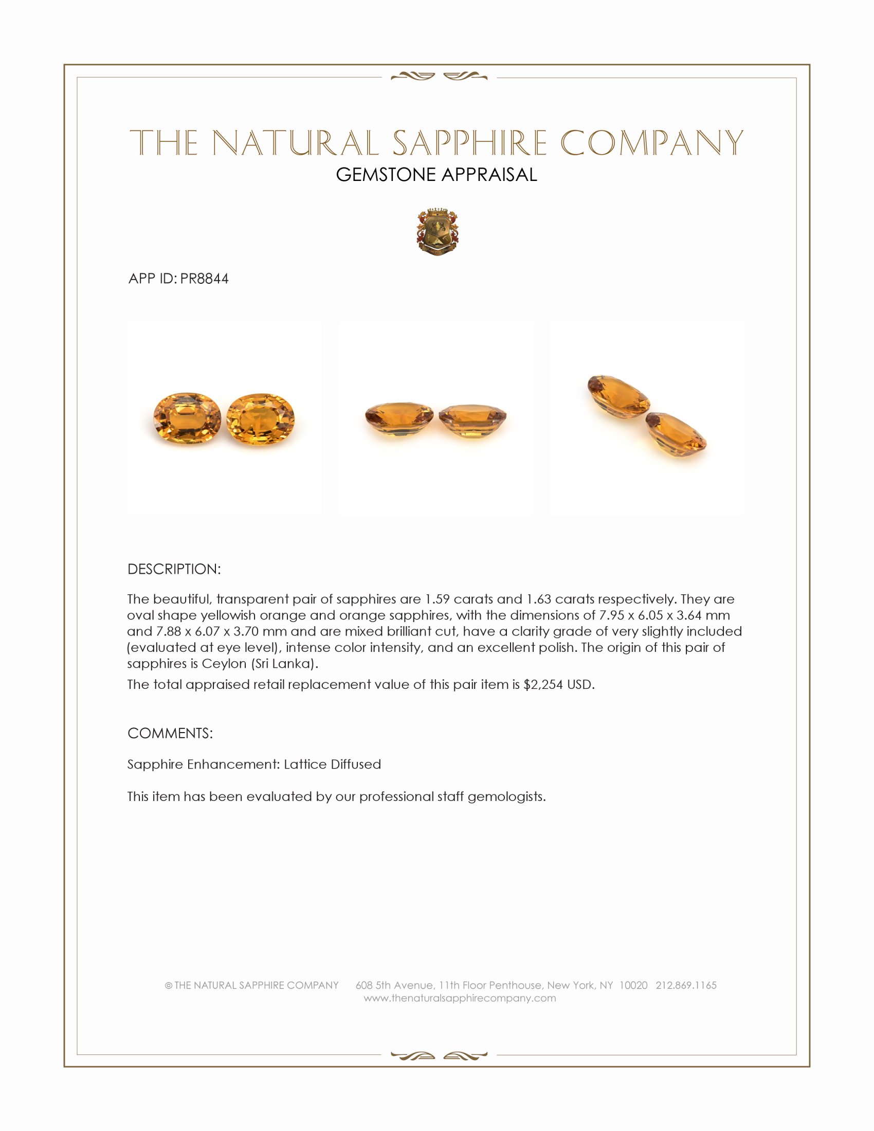 3.22 Ct.Tw. Yellowish Orange Sapphire Pair from Ceylon (Sri Lanka)