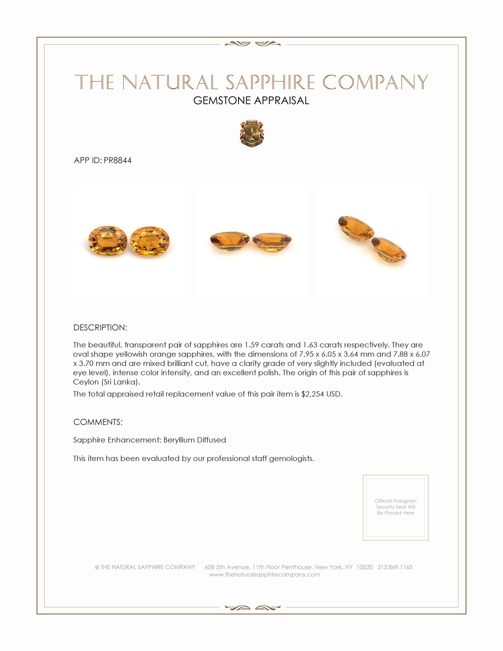 3.22 Ct.Tw. Yellowish Orange Sapphire Pair from Ceylon (Sri Lanka)