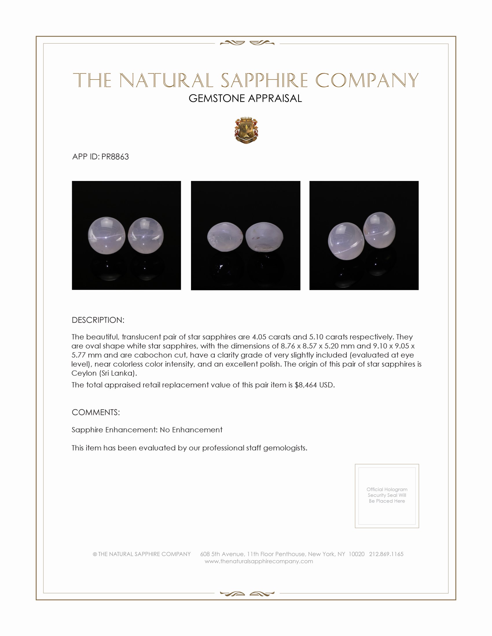 9.15 Ct.Tw. White Star Sapphire Pair from Ceylon (Sri Lanka)