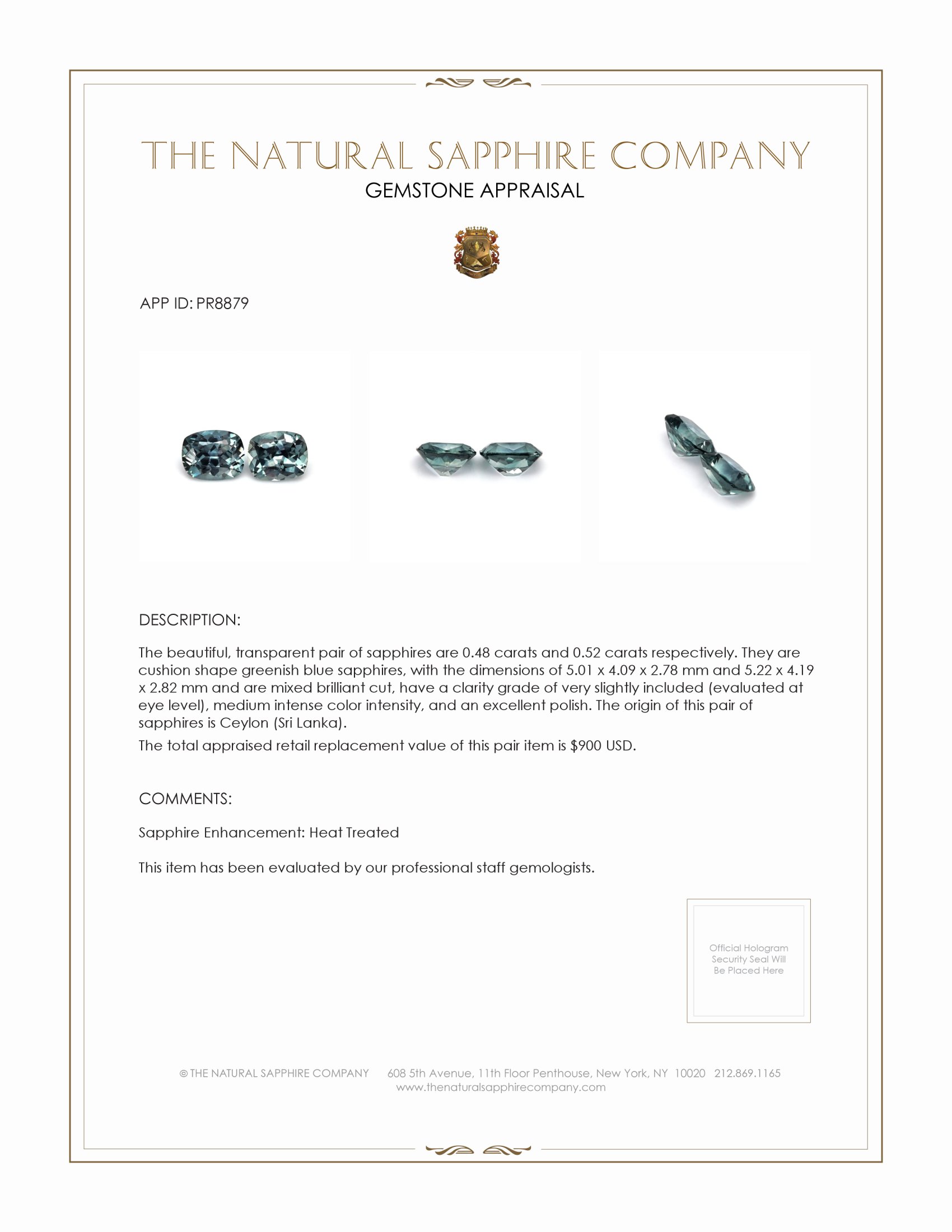 1.00 Ct.Tw. Greenish Blue Sapphire Pair from Ceylon (Sri Lanka)