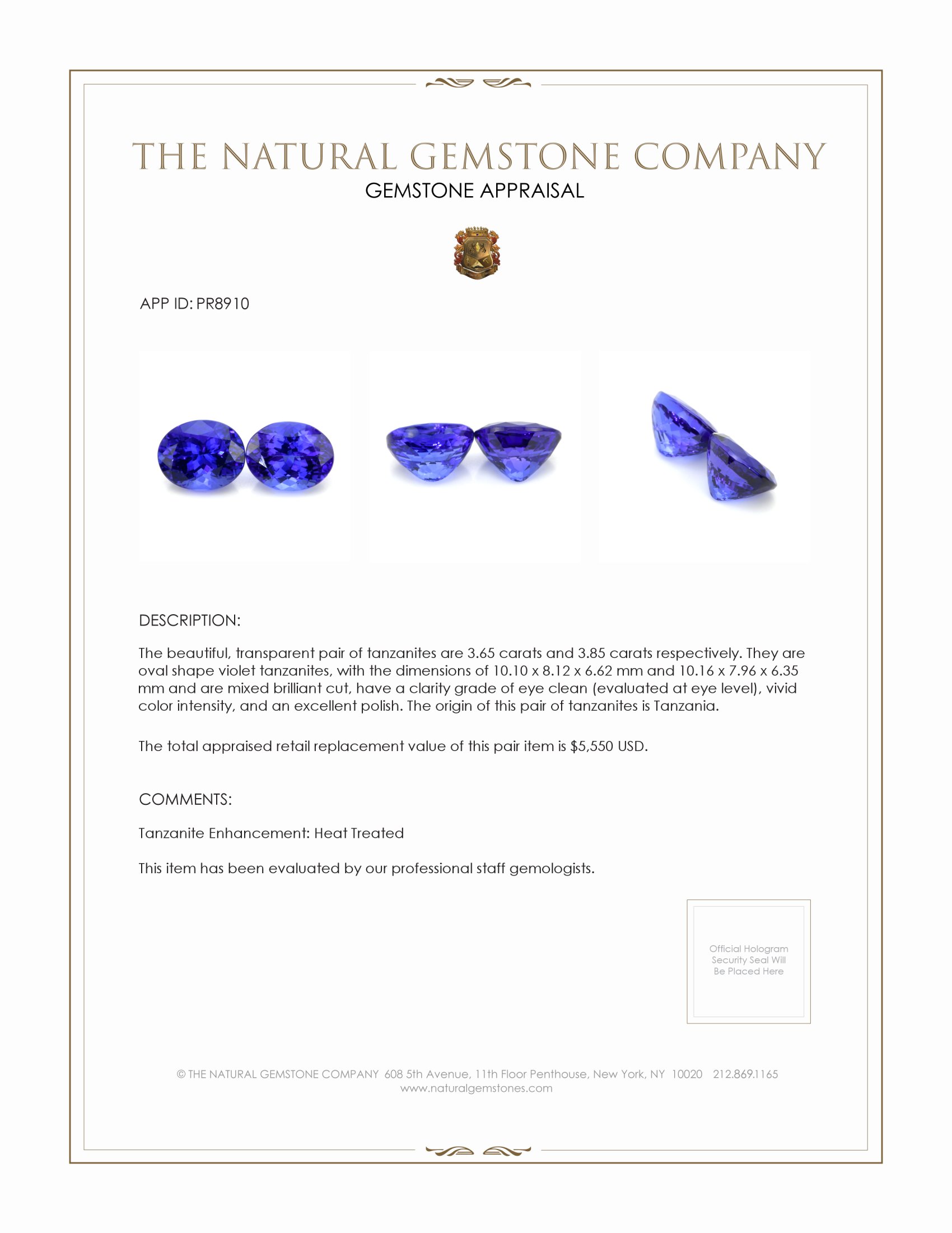 7.50 Ct.Tw. Tanzanite Pair from Tanzania