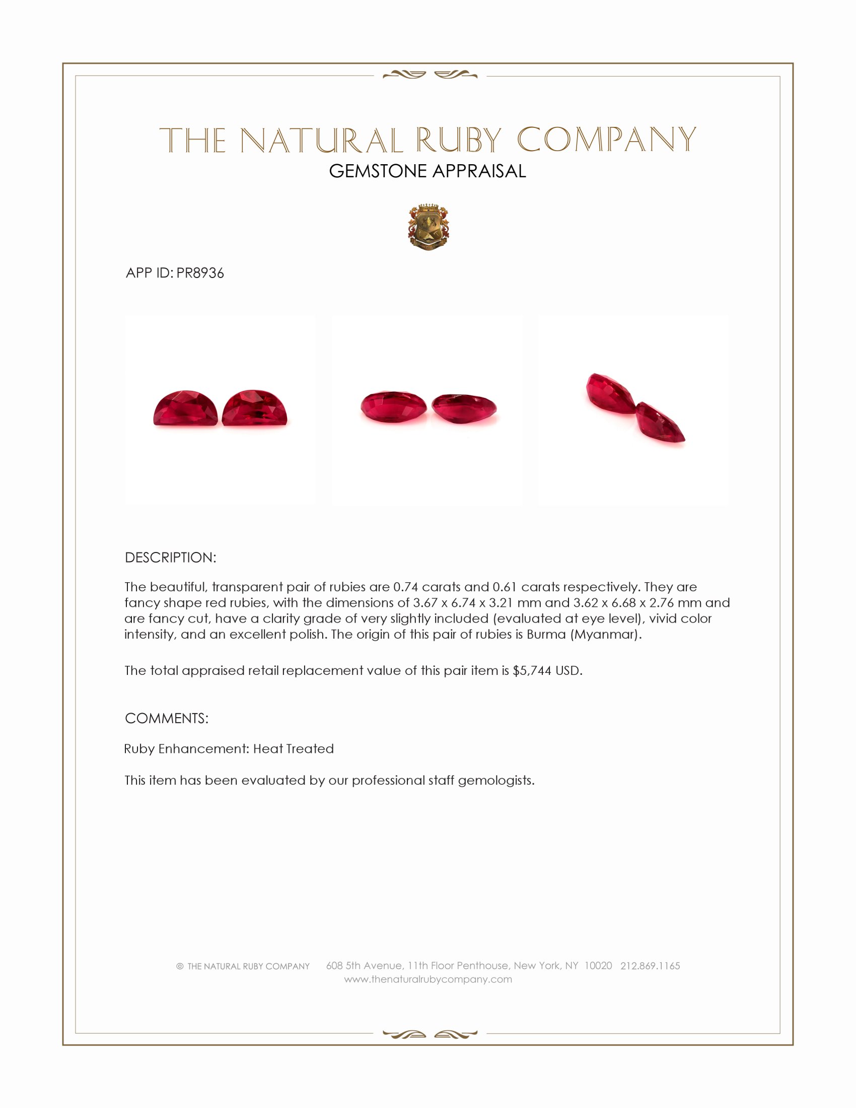 1.35 Ct.Tw. Ruby Pair from Burma (Myanmar)