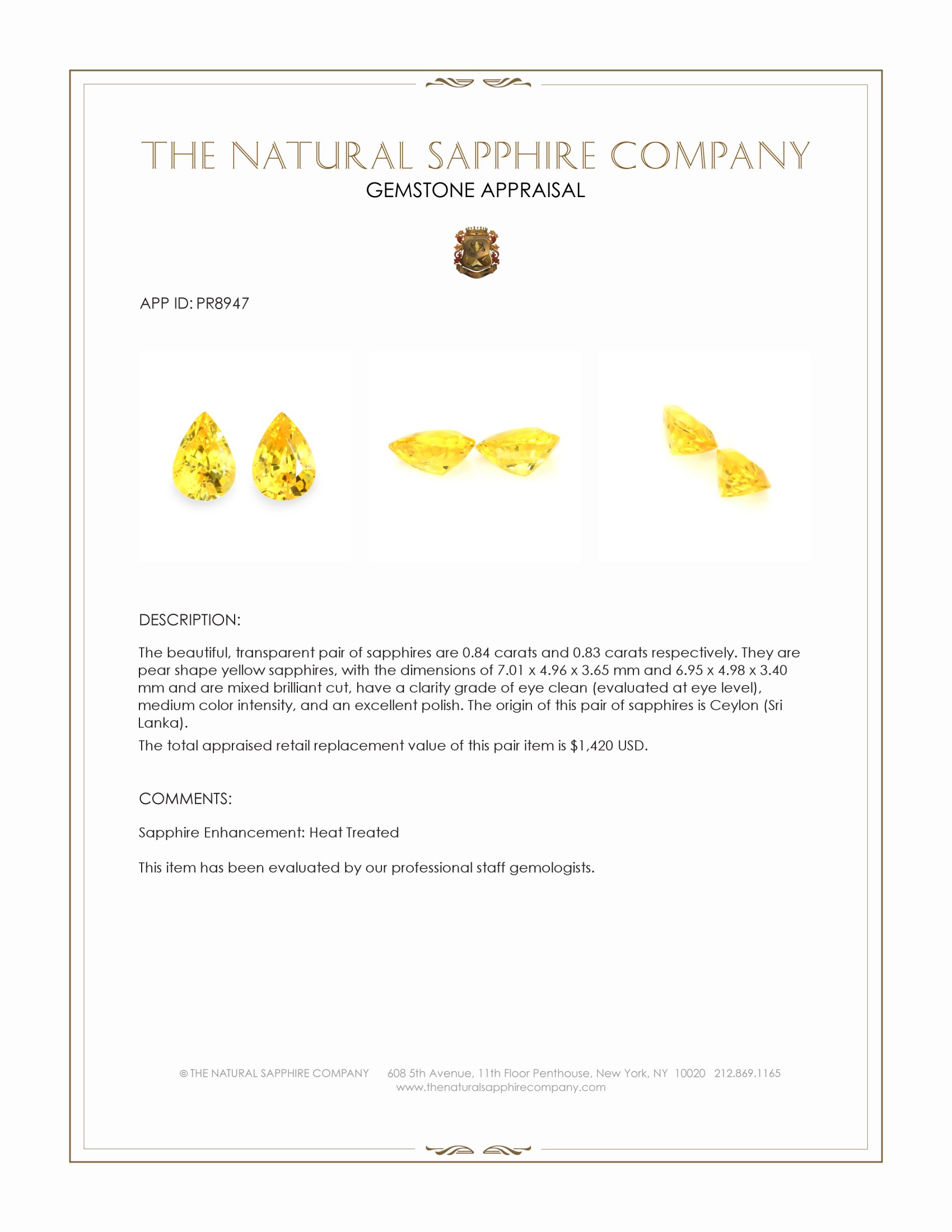 1.67 Ct.Tw. Yellow Sapphire Pair from Ceylon (Sri Lanka)