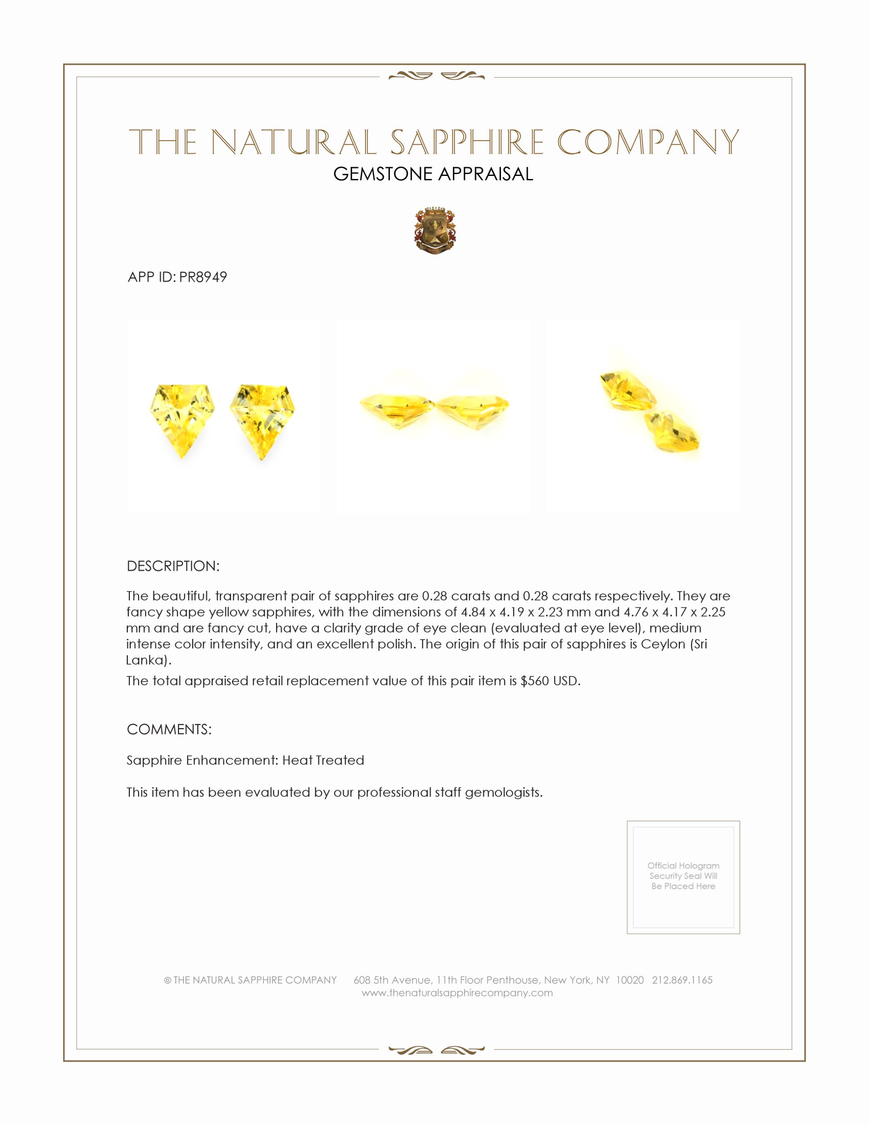 0.56 Ct.Tw. Yellow Sapphire Pair from Ceylon (Sri Lanka)