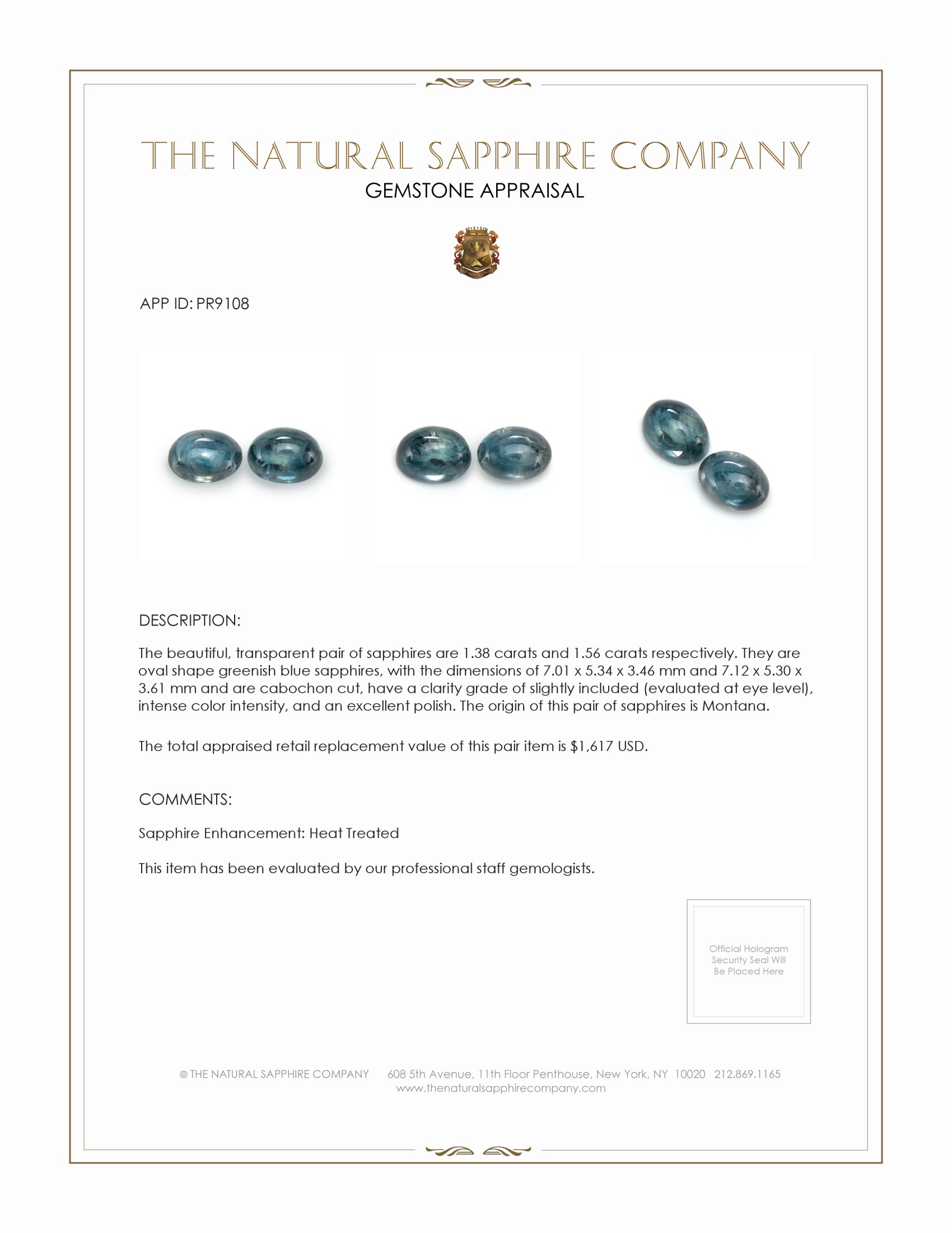 2.94 Ct.Tw. Greenish Blue Cabochon Sapphire Pair from Montana