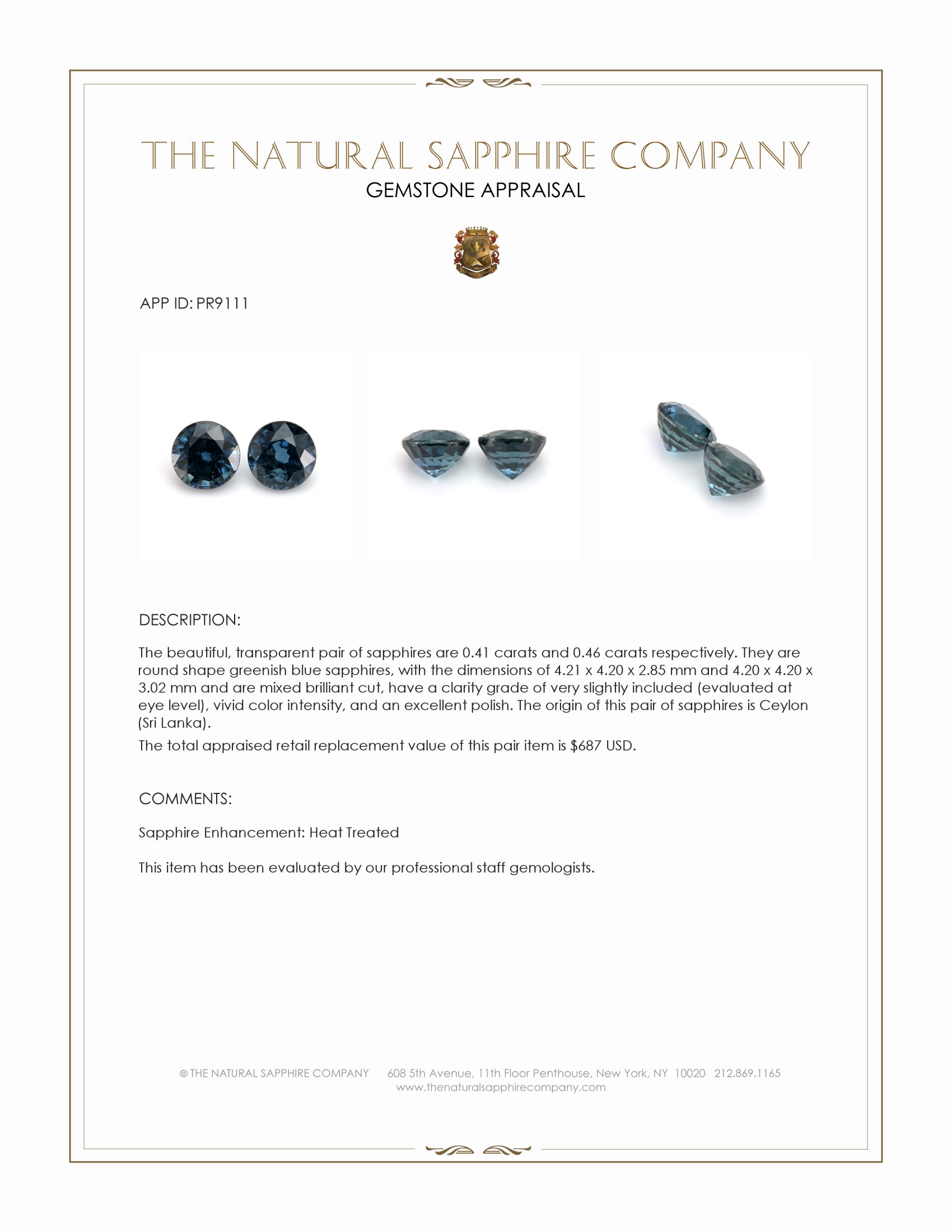 0.87 Ct.Tw. Greenish Blue Sapphire Pair from Ceylon (Sri Lanka)