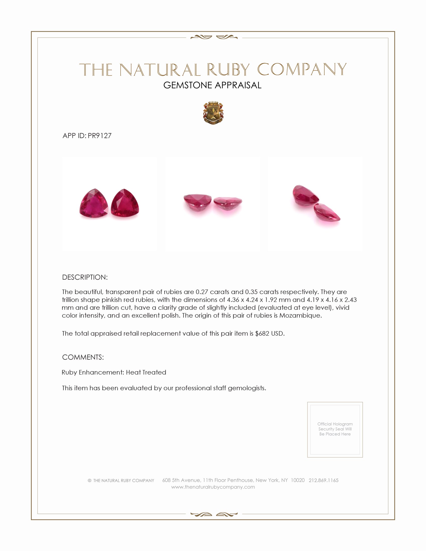 0.62 Ct.Tw. Pinkish Red Ruby Pair from Mozambique