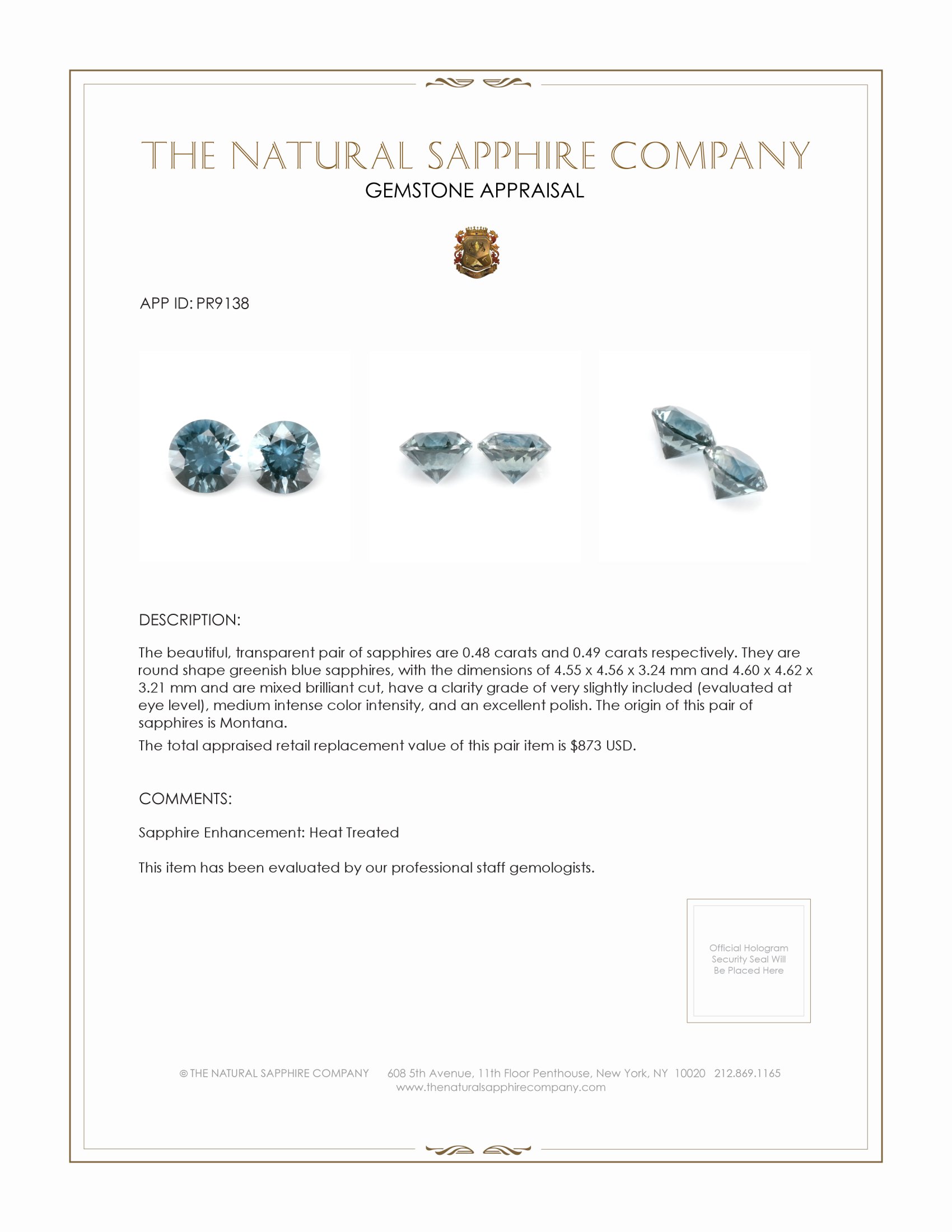 0.97 Ct.Tw. Greenish Blue Sapphire Pair from Montana