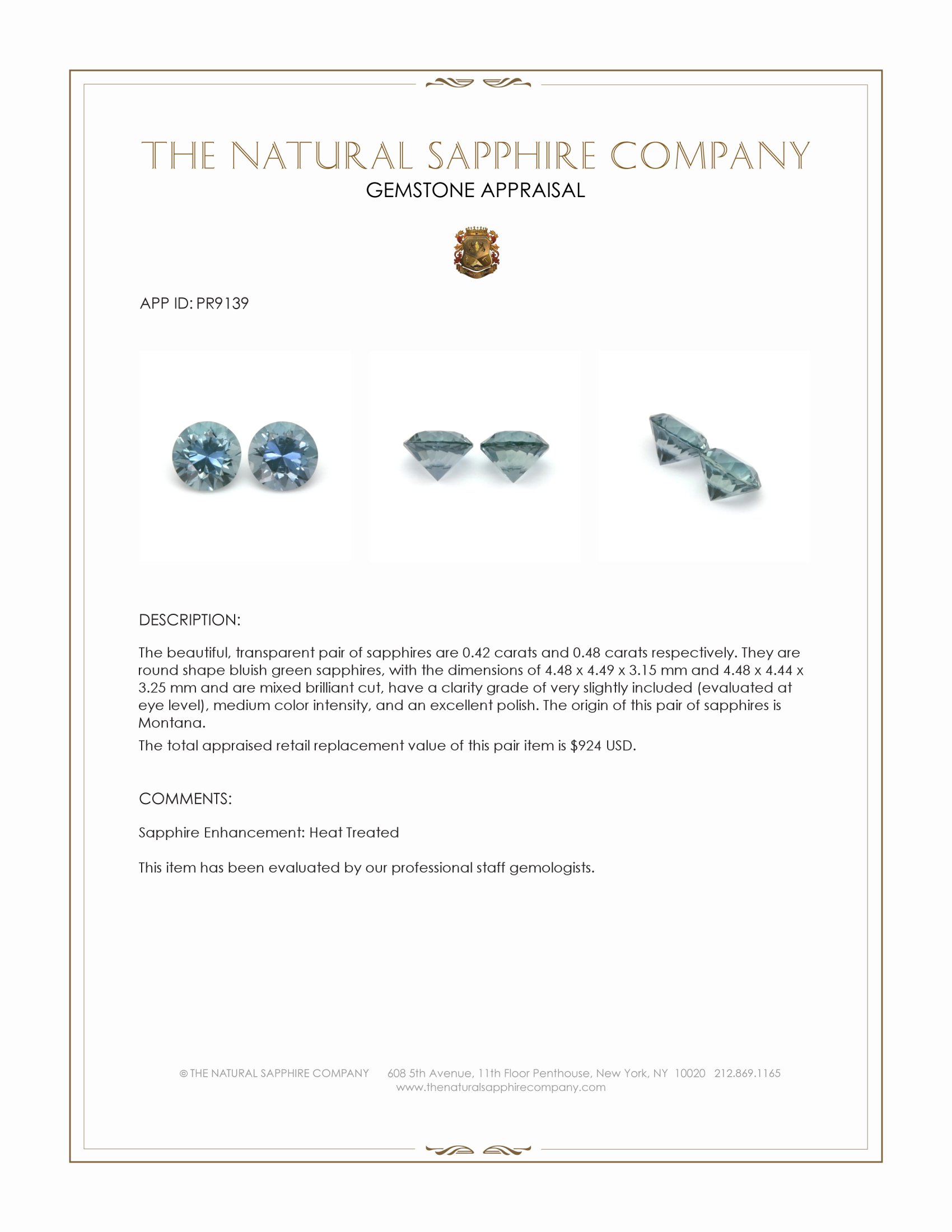 0.90 Ct.Tw. Bluish Green Sapphire Pair from Montana