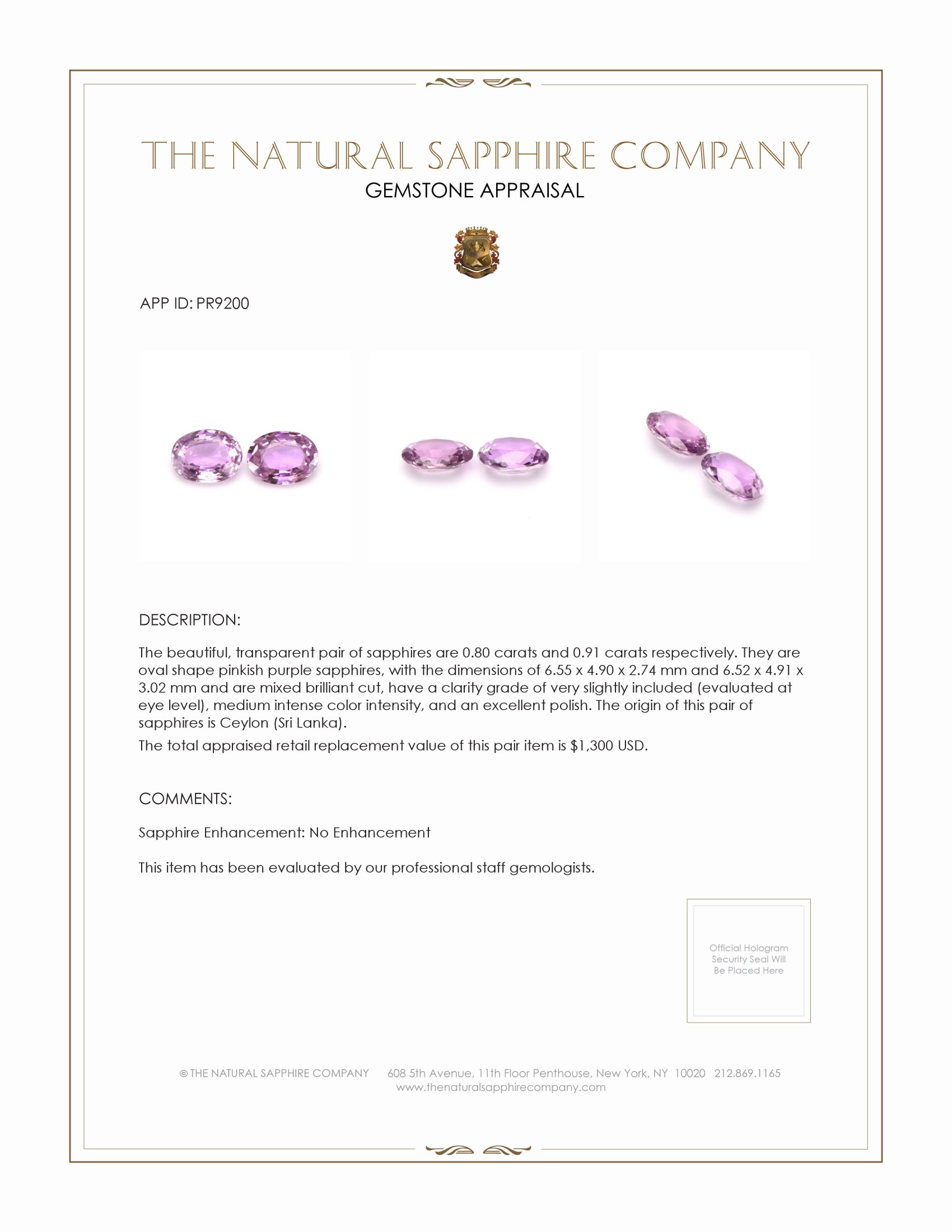 1.71 Ct.Tw. Pinkish Purple Sapphire Pair from Ceylon (Sri Lanka)