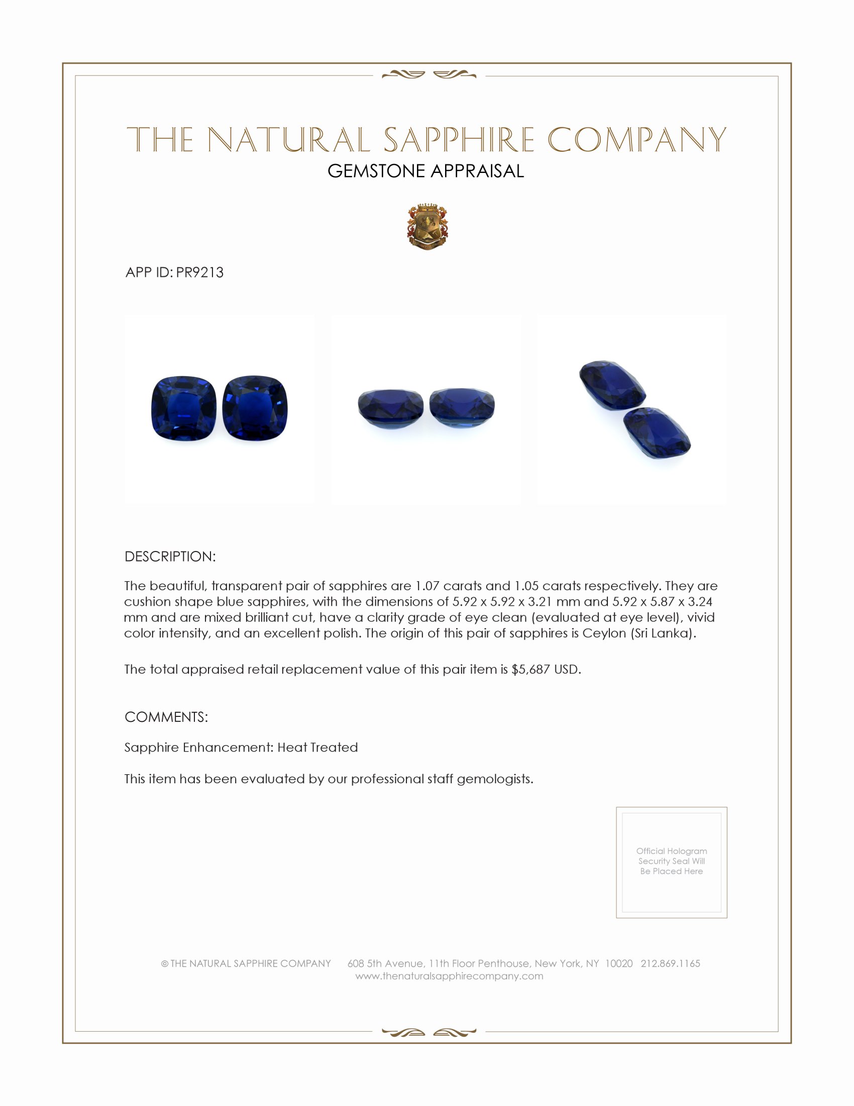 2.12 Ct.Tw. Blue Sapphire Pair from Ceylon (Sri Lanka)