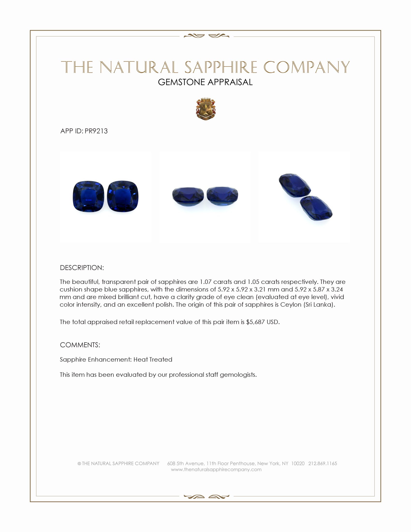 2.12 Ct.Tw. Blue Sapphire Pair from Ceylon (Sri Lanka)
