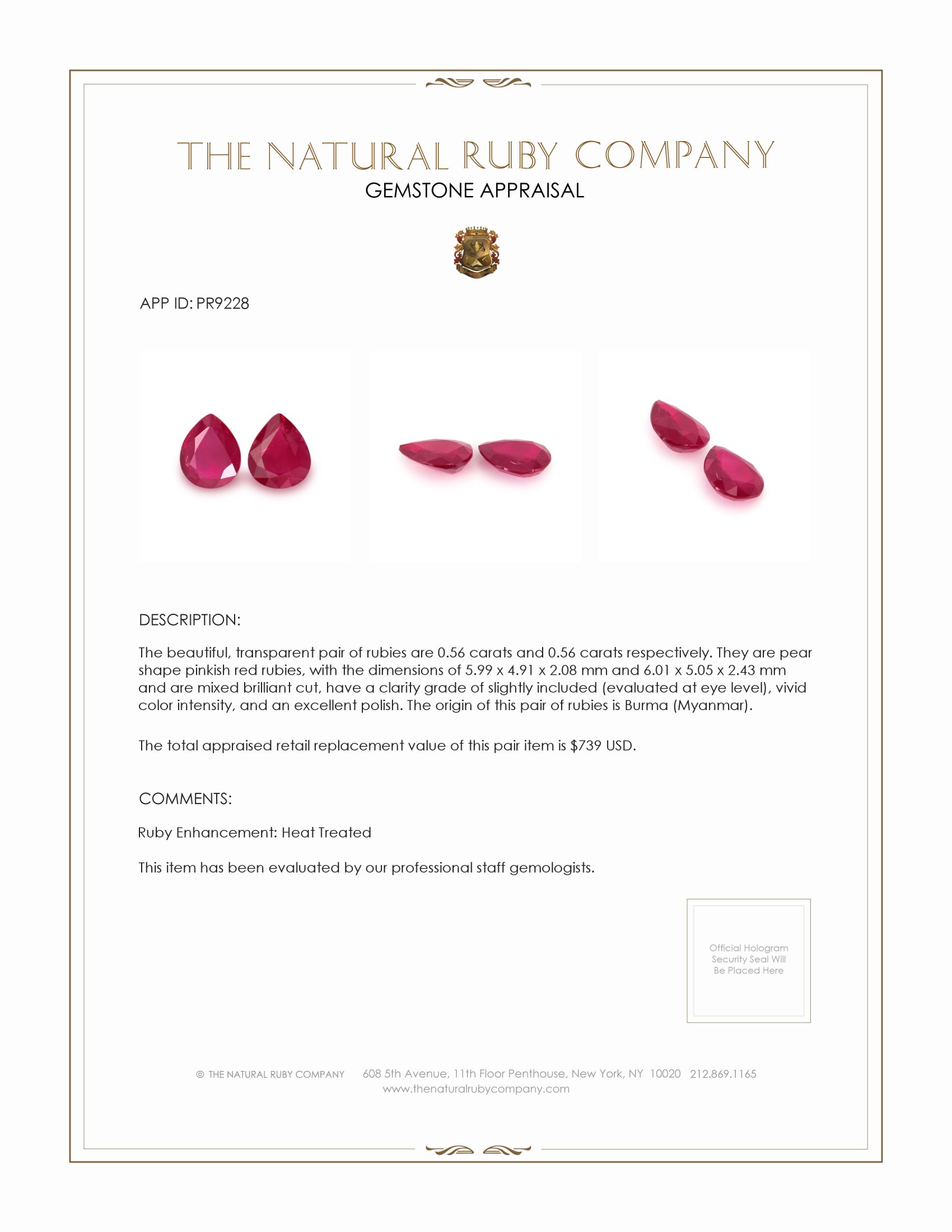 1.12 Ct.Tw. Ruby Pair from Burma (Myanmar)