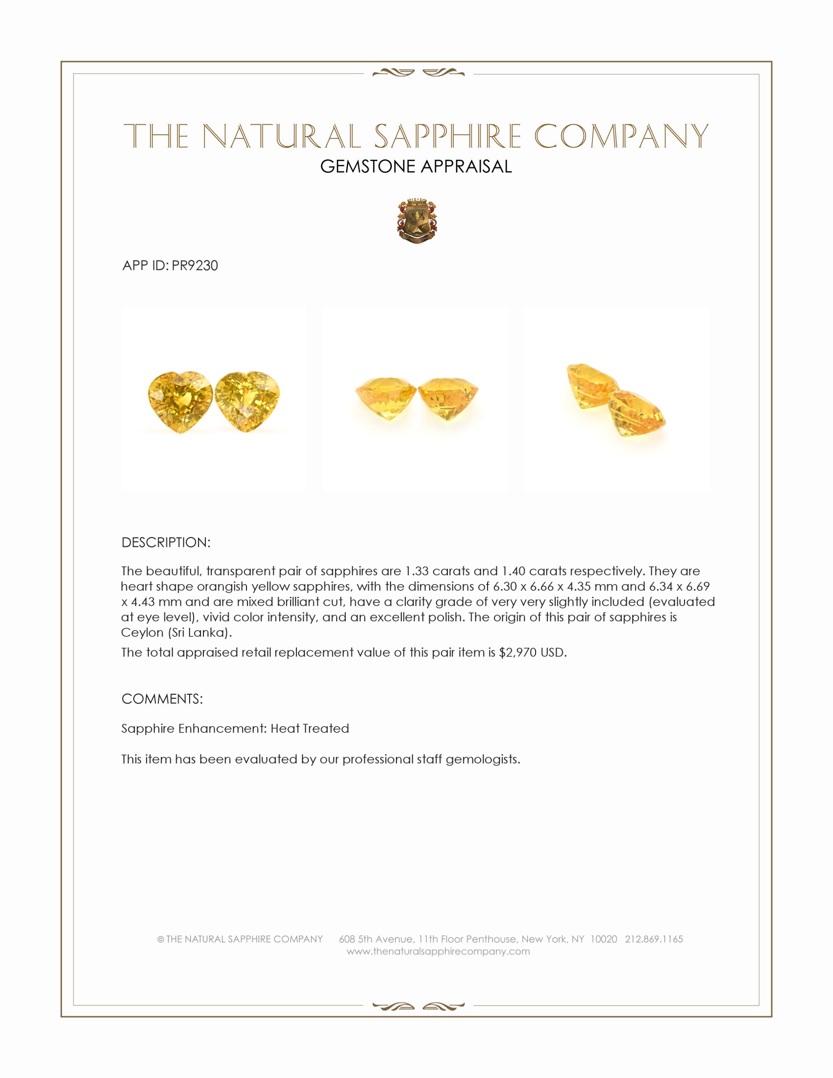 2.73 Ct.Tw. Orangish Yellow Sapphire Pair from Ceylon (Sri Lanka)