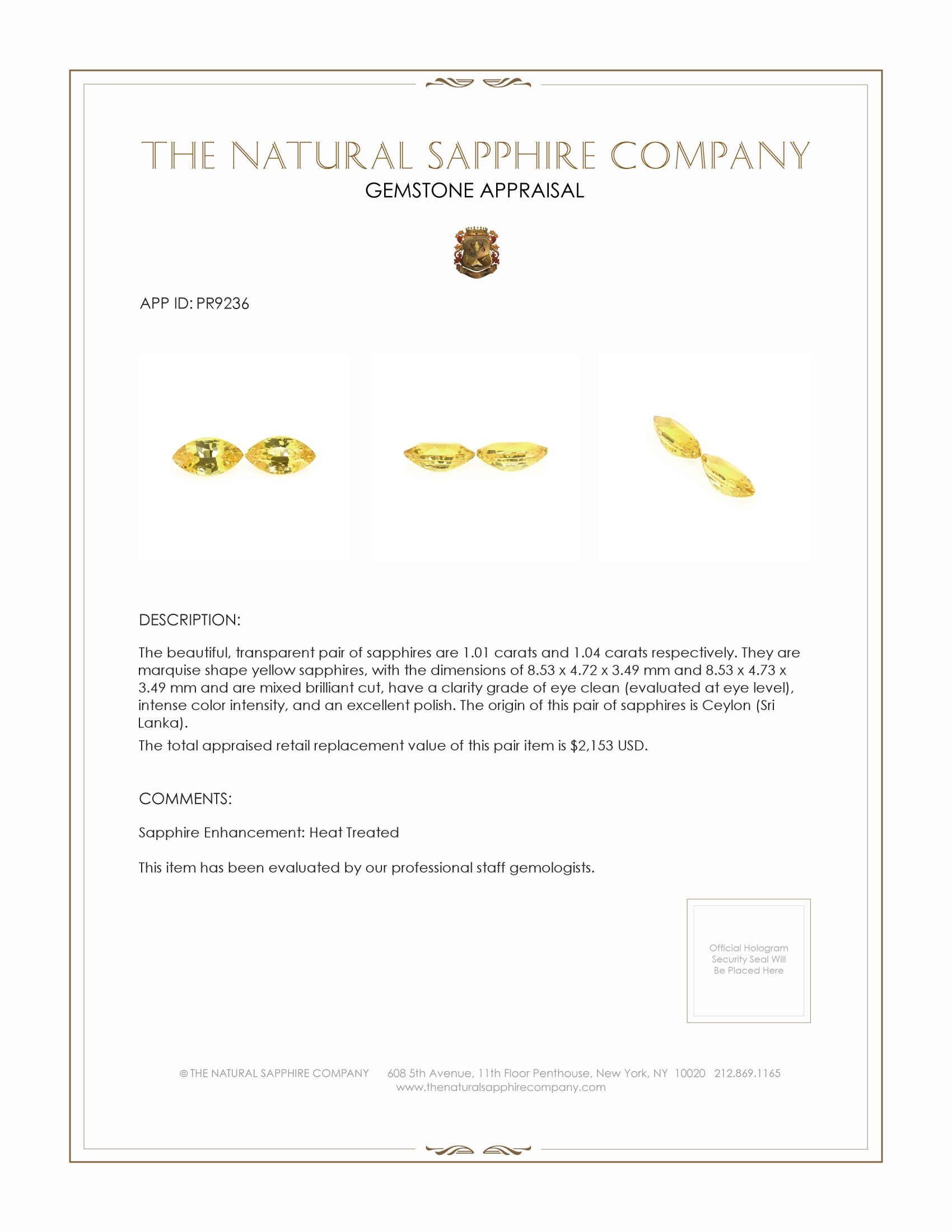 2.05 Ct.Tw. Yellow Sapphire Pair from Ceylon (Sri Lanka)