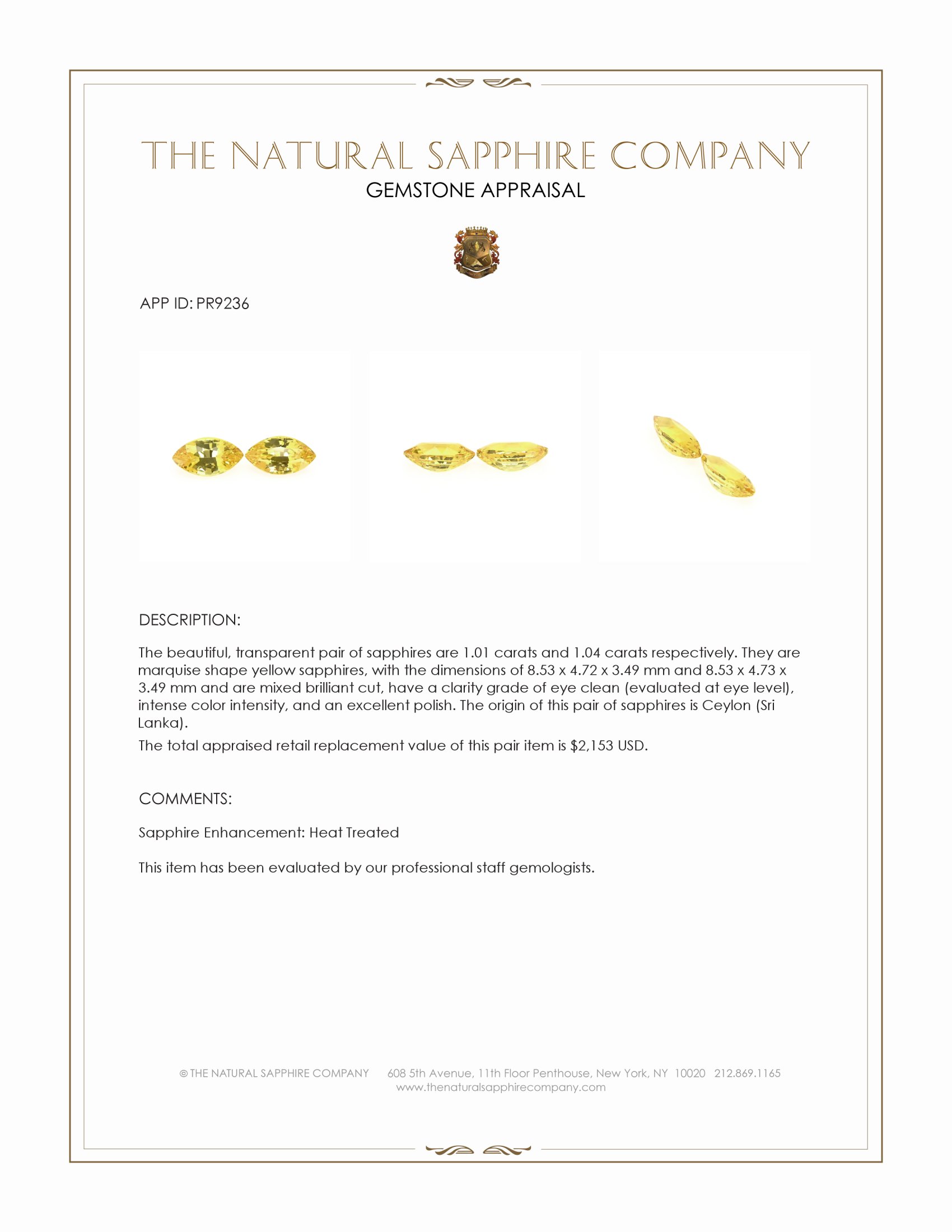 2.05 Ct.Tw. Yellow Sapphire Pair from Ceylon (Sri Lanka)