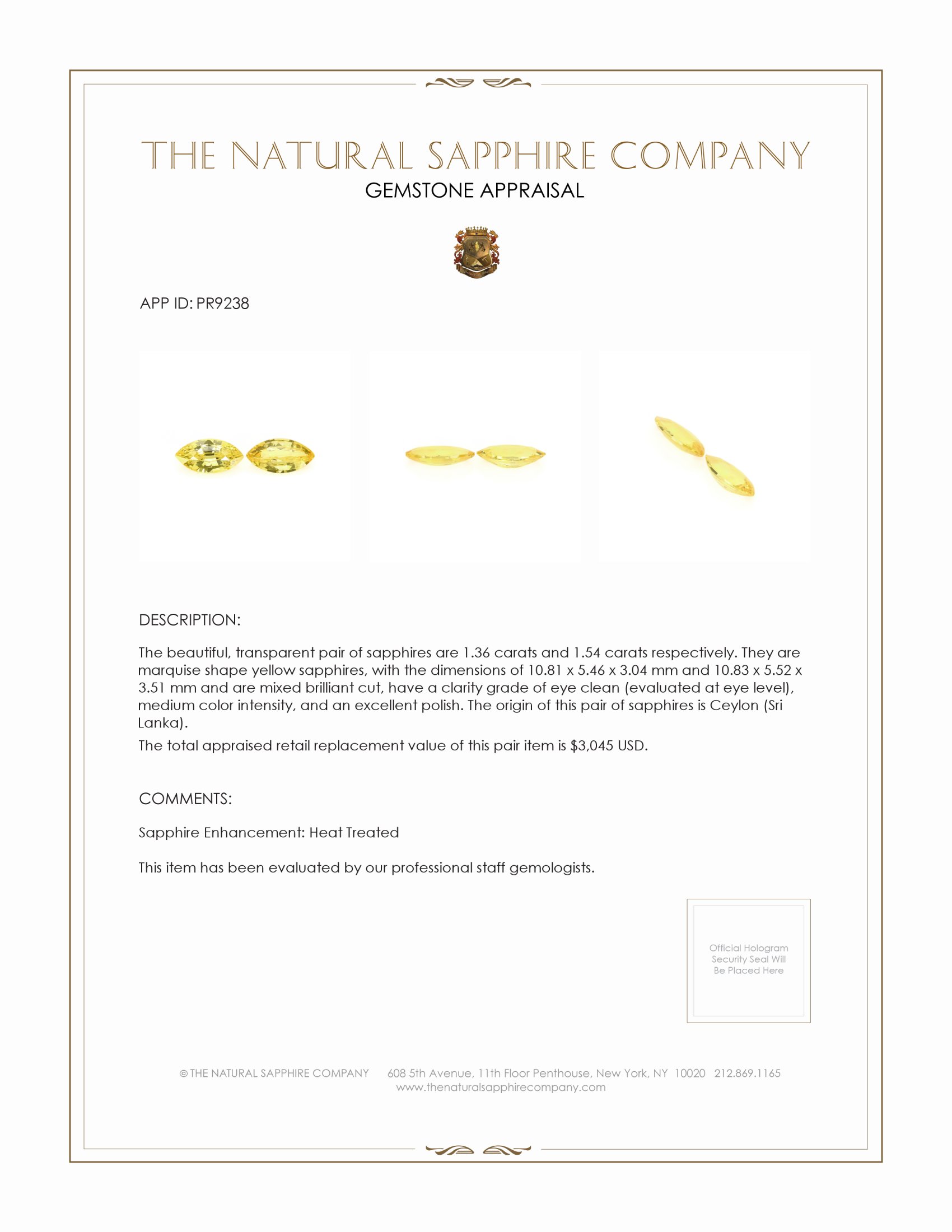 2.90 Ct.Tw. Yellow Sapphire Pair from Ceylon (Sri Lanka)