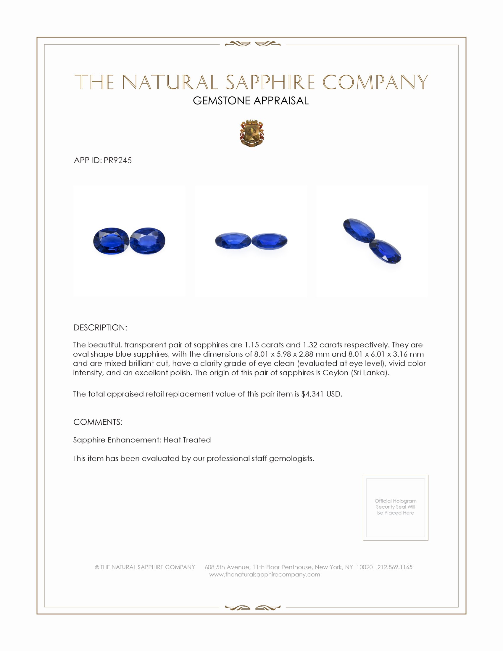 2.47 Ct.Tw. Blue Sapphire Pair from Ceylon (Sri Lanka)