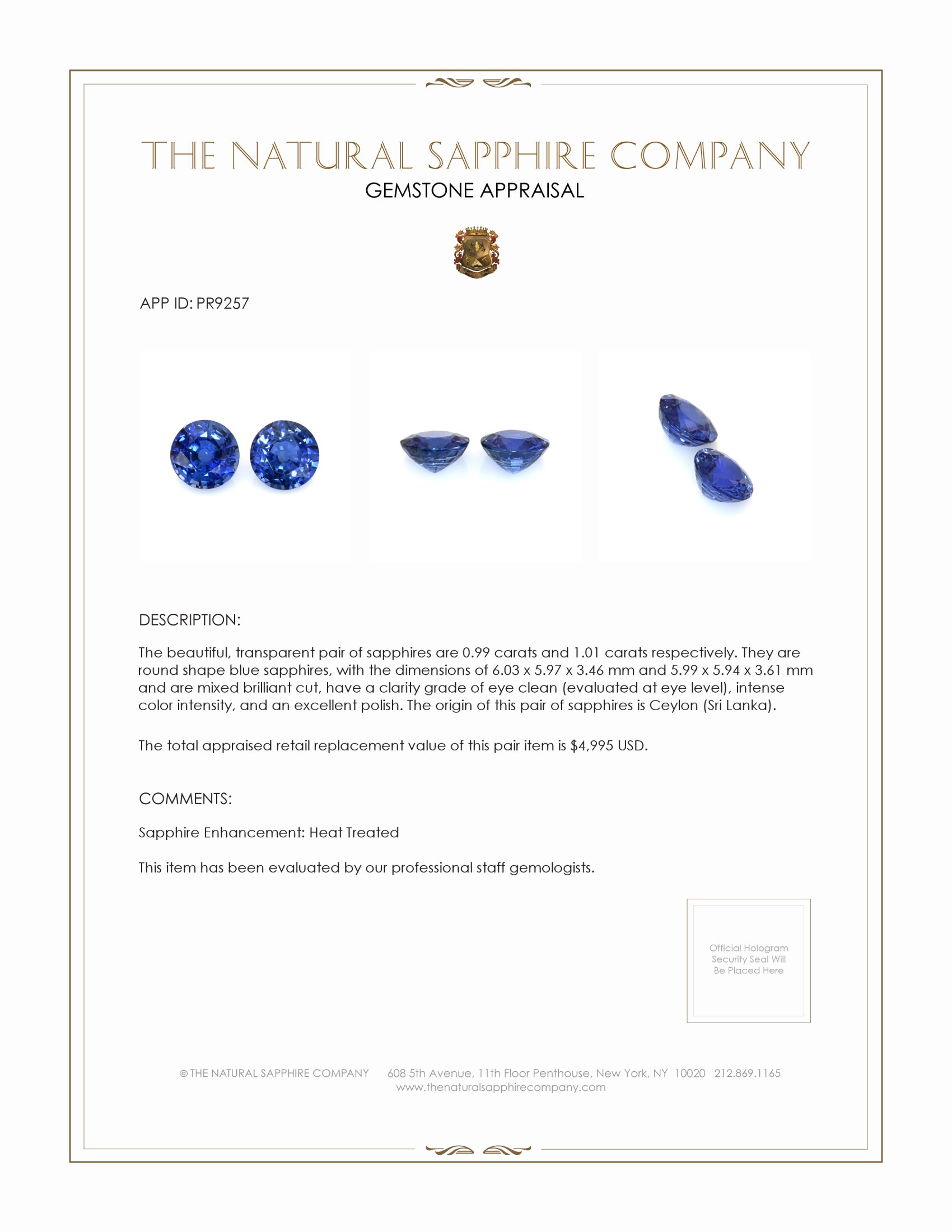 2.00 Ct.Tw. Blue Sapphire Pair from Ceylon (Sri Lanka)