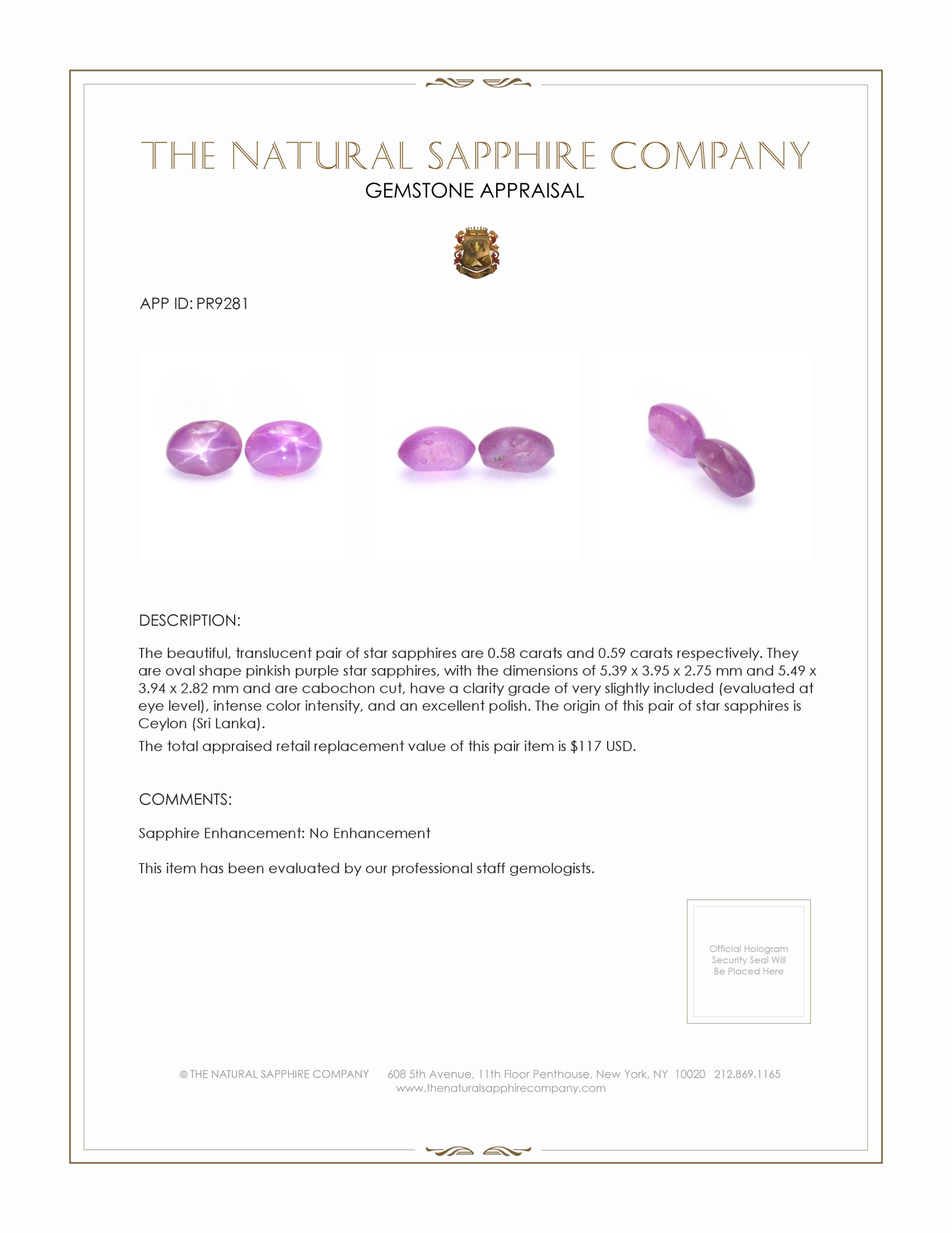 1.17 Ct.Tw. Pinkish Purple Star Sapphire Pair from Ceylon (Sri Lanka)