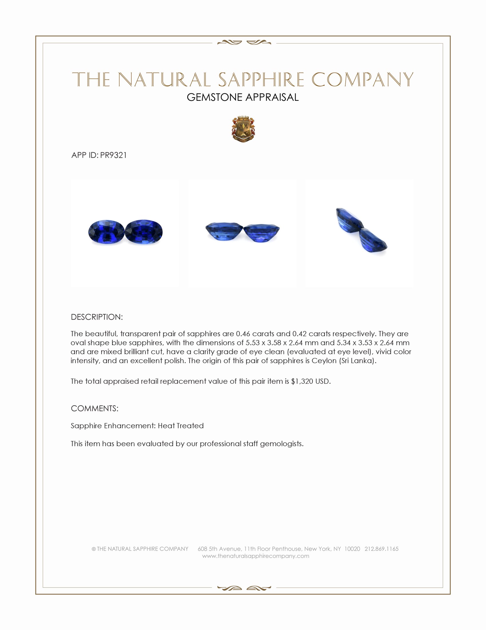 0.88 Ct.Tw. Blue Sapphire Pair from Ceylon (Sri Lanka)