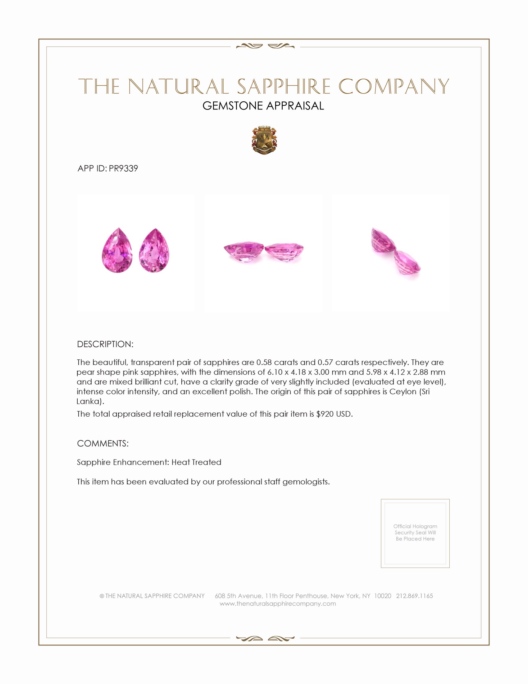 1.15 Ct.Tw. Pink Sapphire Pair from Ceylon (Sri Lanka)