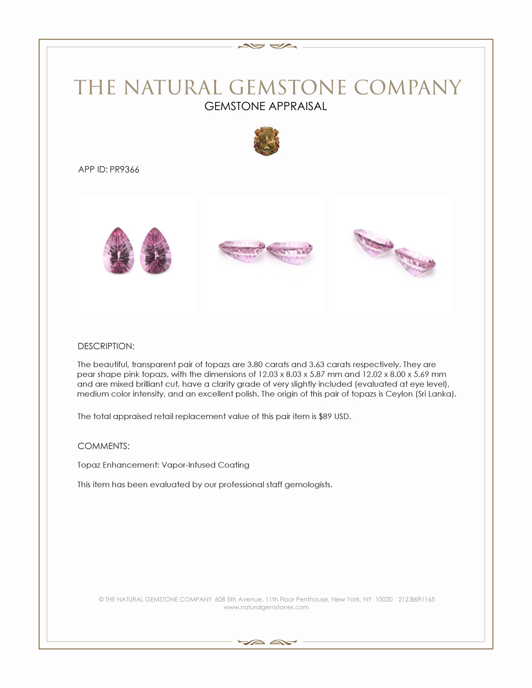 7.43 Ct.Tw. Pink Topaz Pair from Ceylon (Sri Lanka)