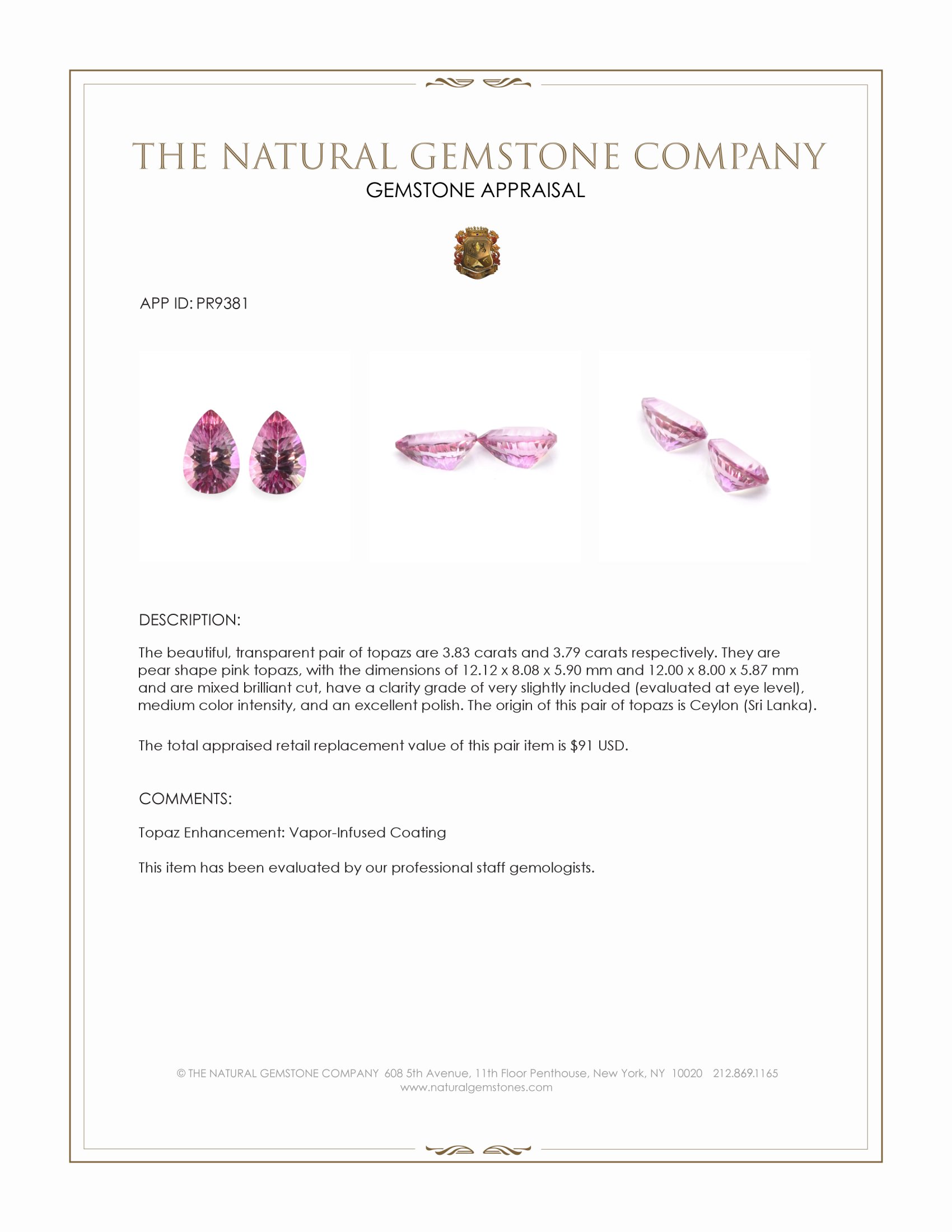 7.62 Ct.Tw. Pink Topaz Pair from Ceylon (Sri Lanka)