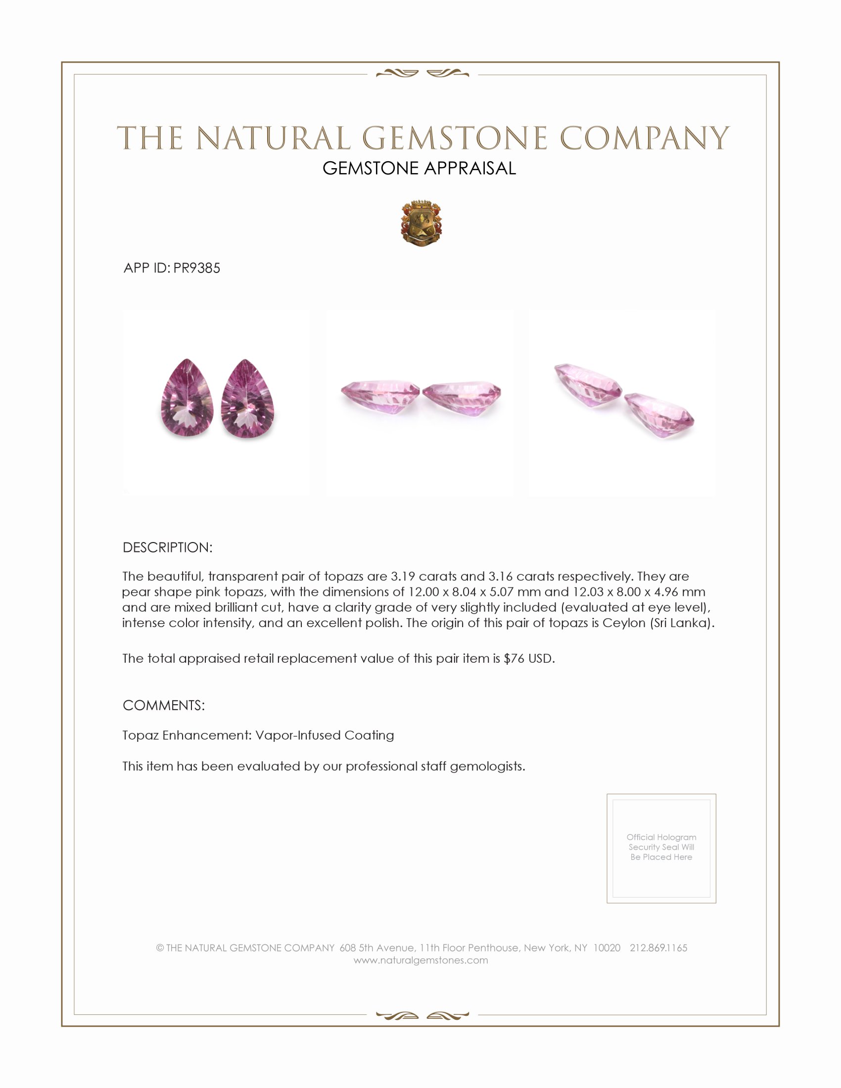 6.35 Ct.Tw. Pink Topaz Pair from Ceylon (Sri Lanka)