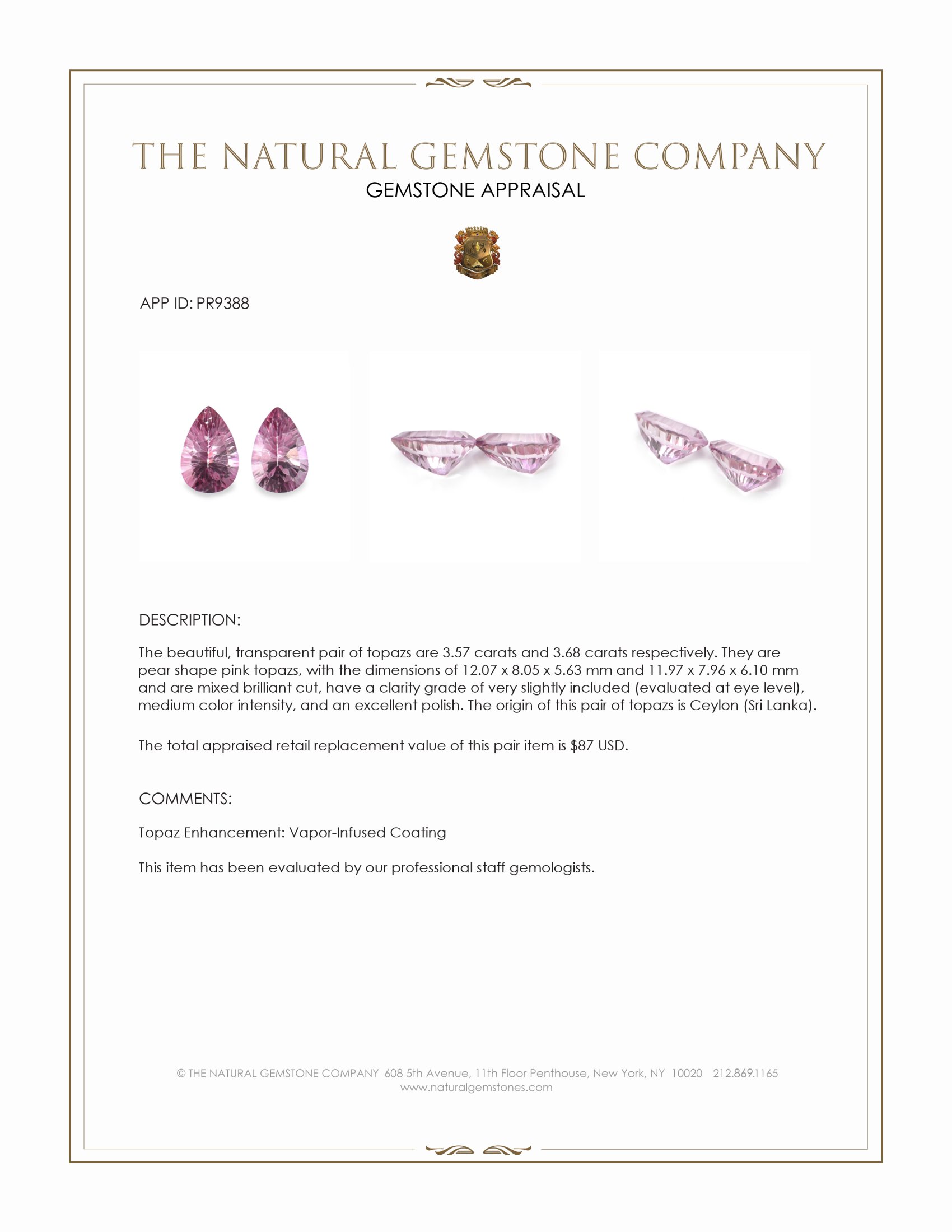 7.25 Ct.Tw. Pink Topaz Pair from Ceylon (Sri Lanka)