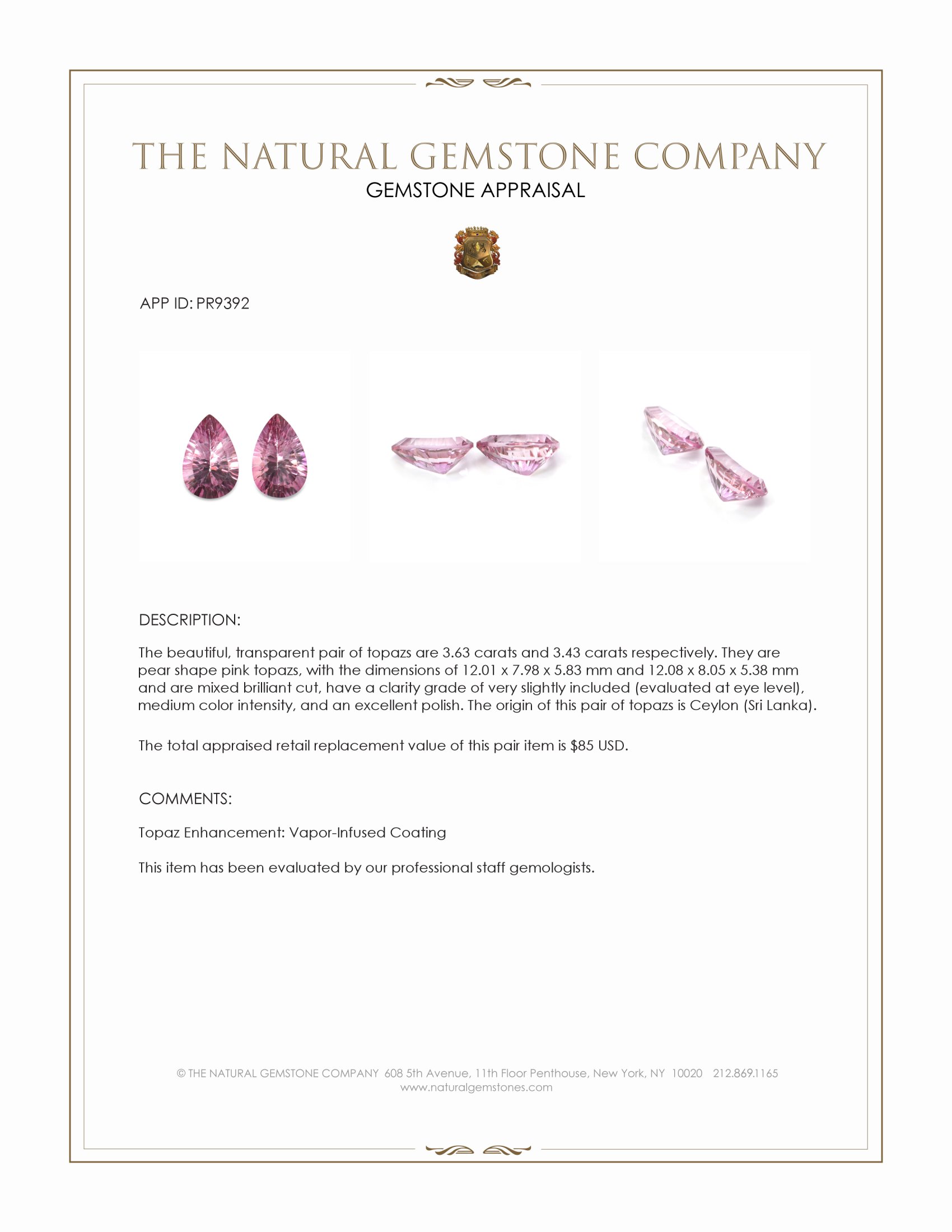 7.06 Ct.Tw. Pink Topaz Pair from Ceylon (Sri Lanka)